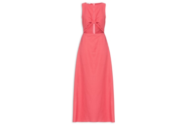 Vestido Longo Decote Fenda Franzido Liso - Rosa