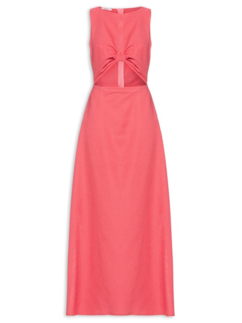 Vestido Longo Decote Fenda Franzido Liso - Rosa
