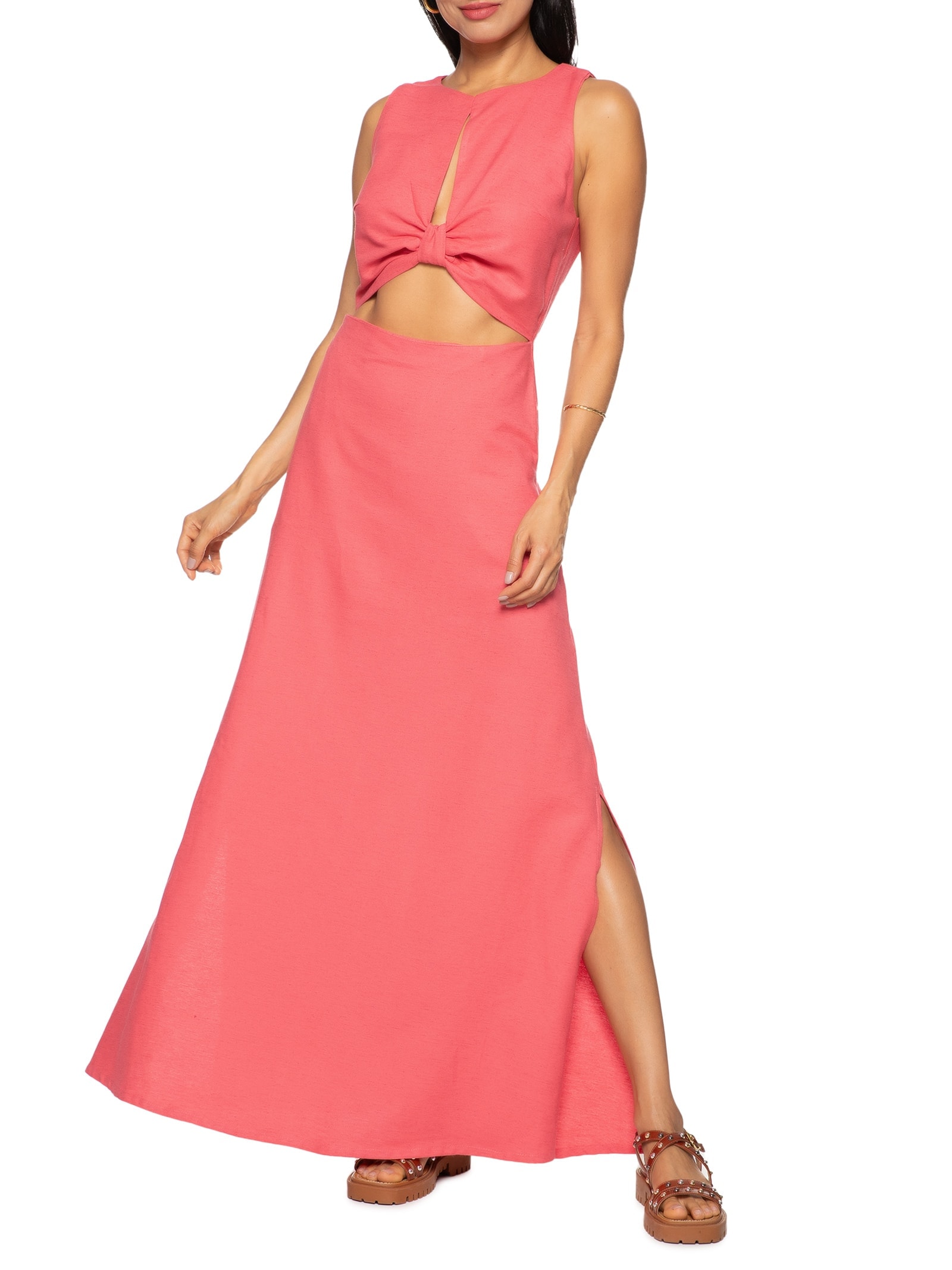 Vestido Longo Decote Fenda Franzido Liso Rosa Cacay