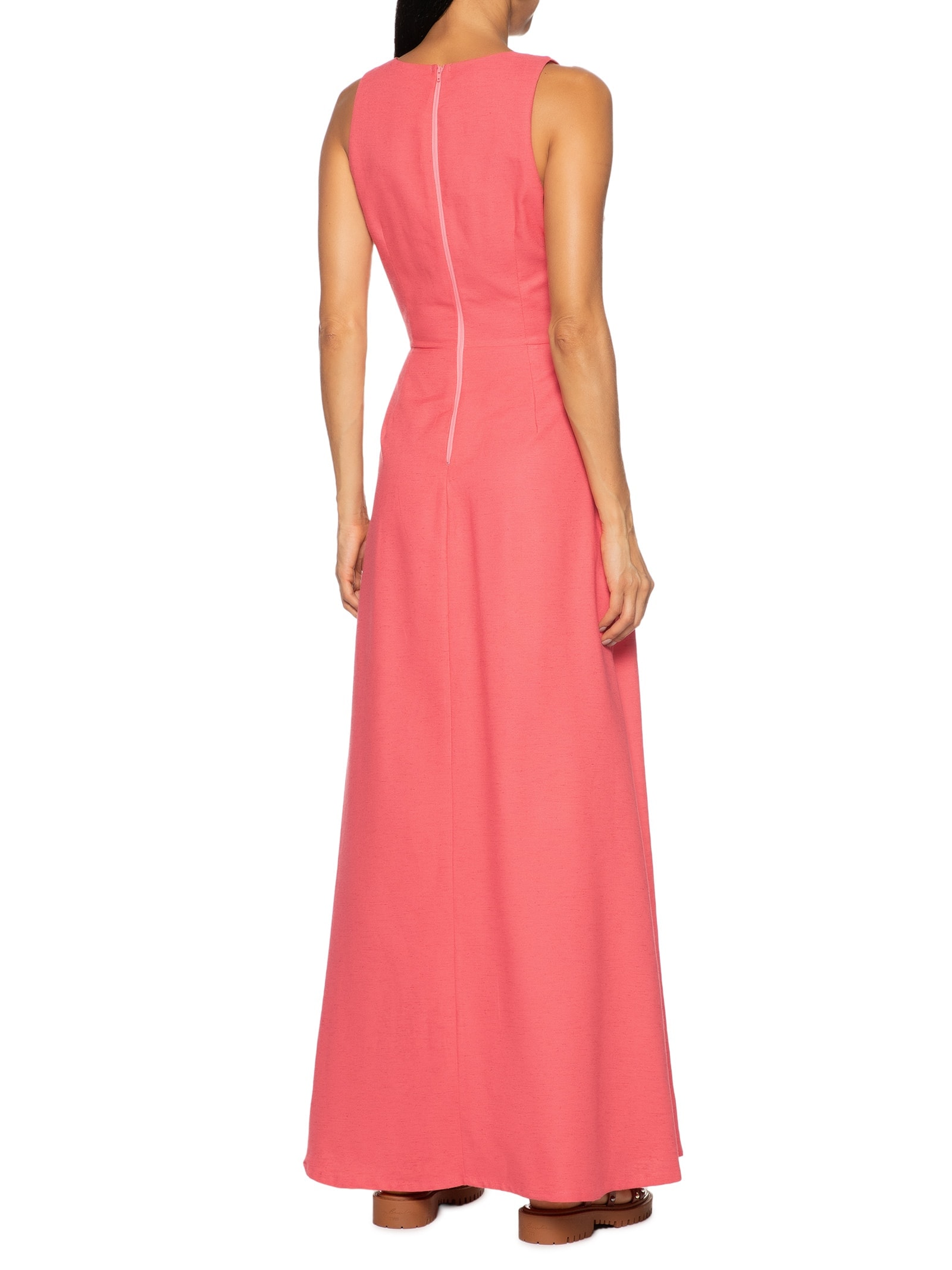 Vestido Longo Decote Fenda Franzido Liso Rosa Cacay
