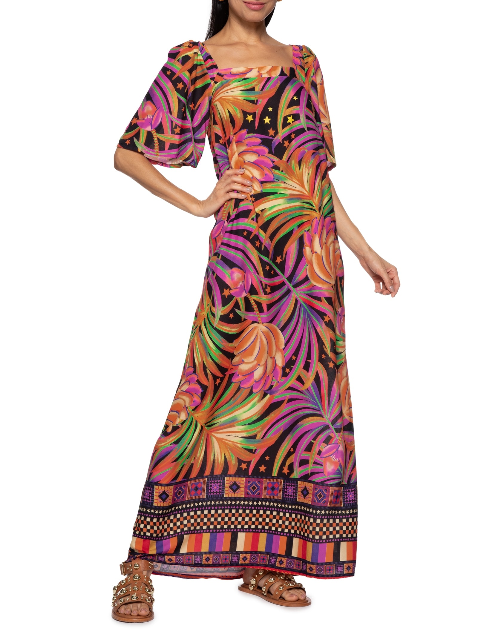 Vestido Longo Decote Quadrado Preto Cacay