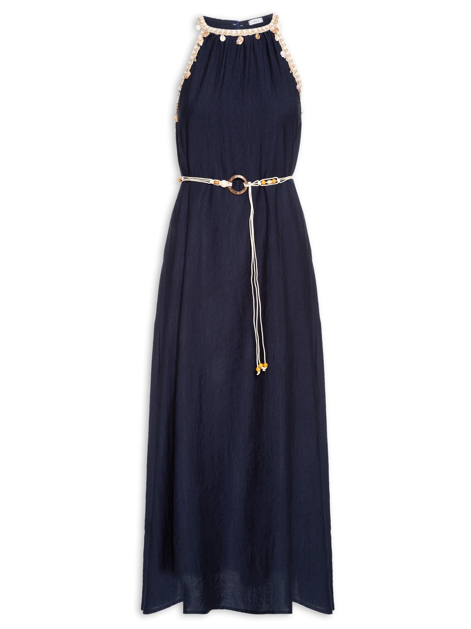 Vestido Longo Decote Reto Com Detalhe Azul Basiq