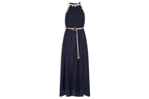 Vestido Longo Decote Reto Com Detalhe - Azul