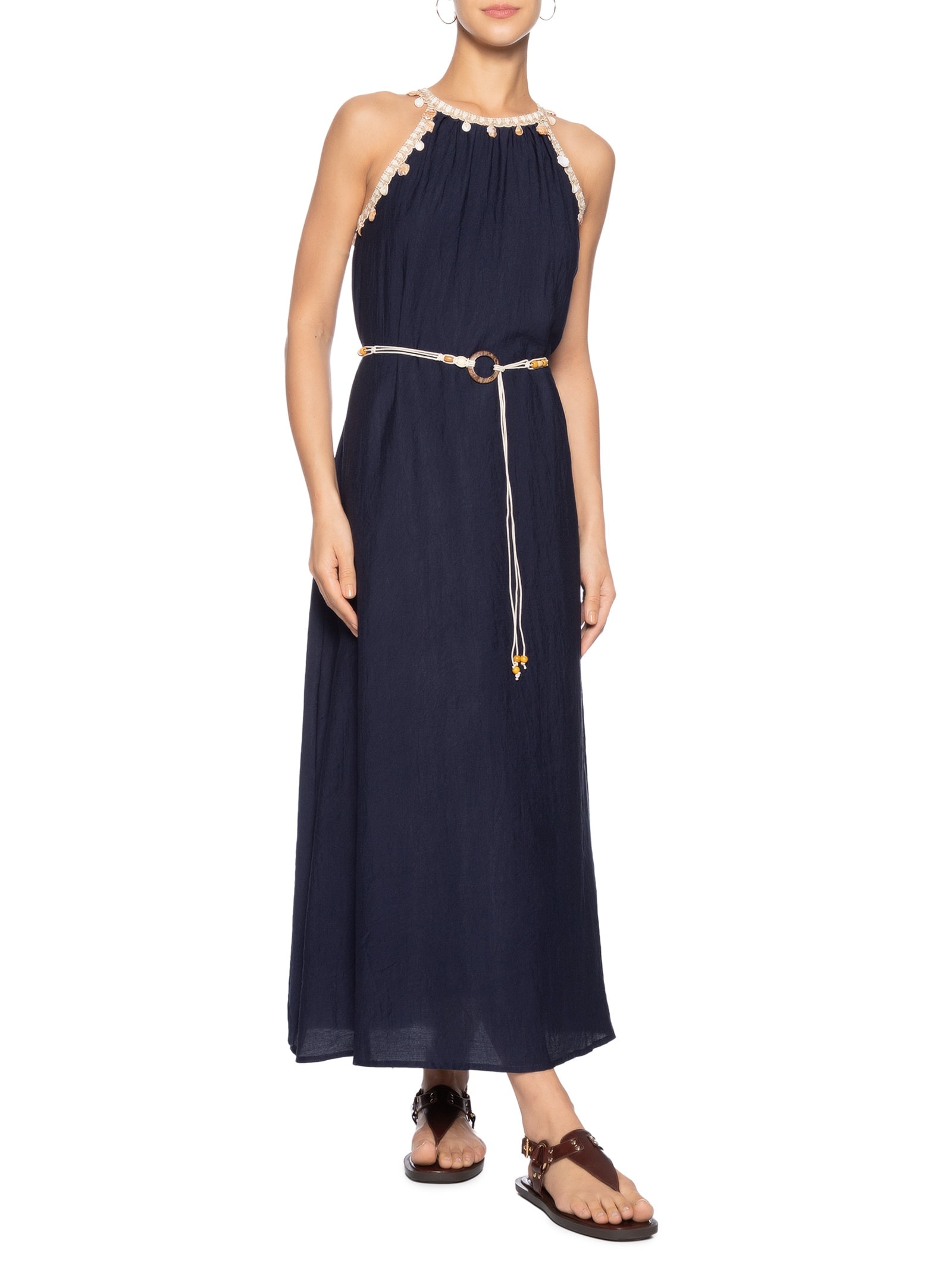 Vestido Longo Decote Reto Com Detalhe Azul Basiq