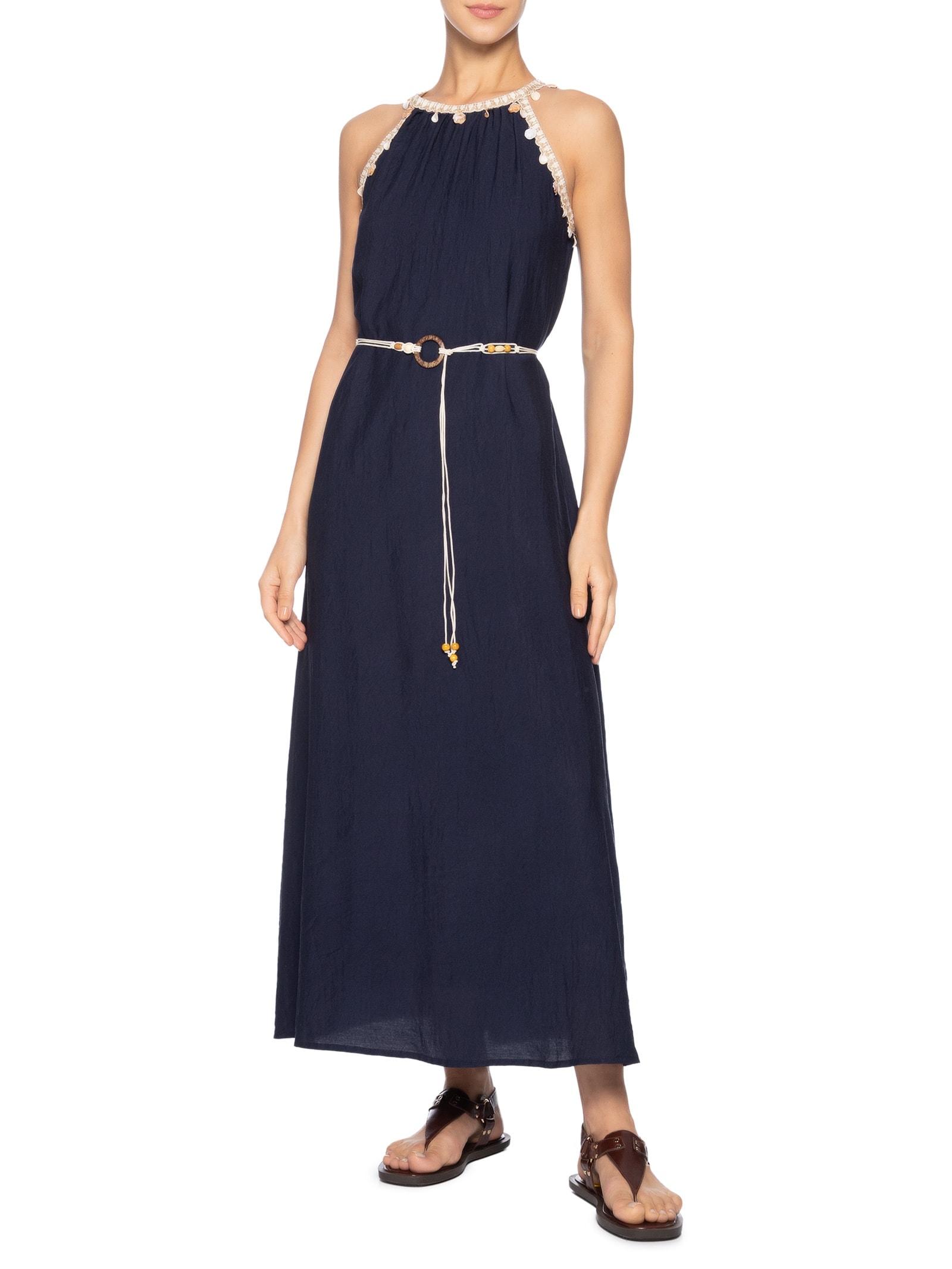 Vestido Longo Decote Reto Com Detalhe Azul Basiq