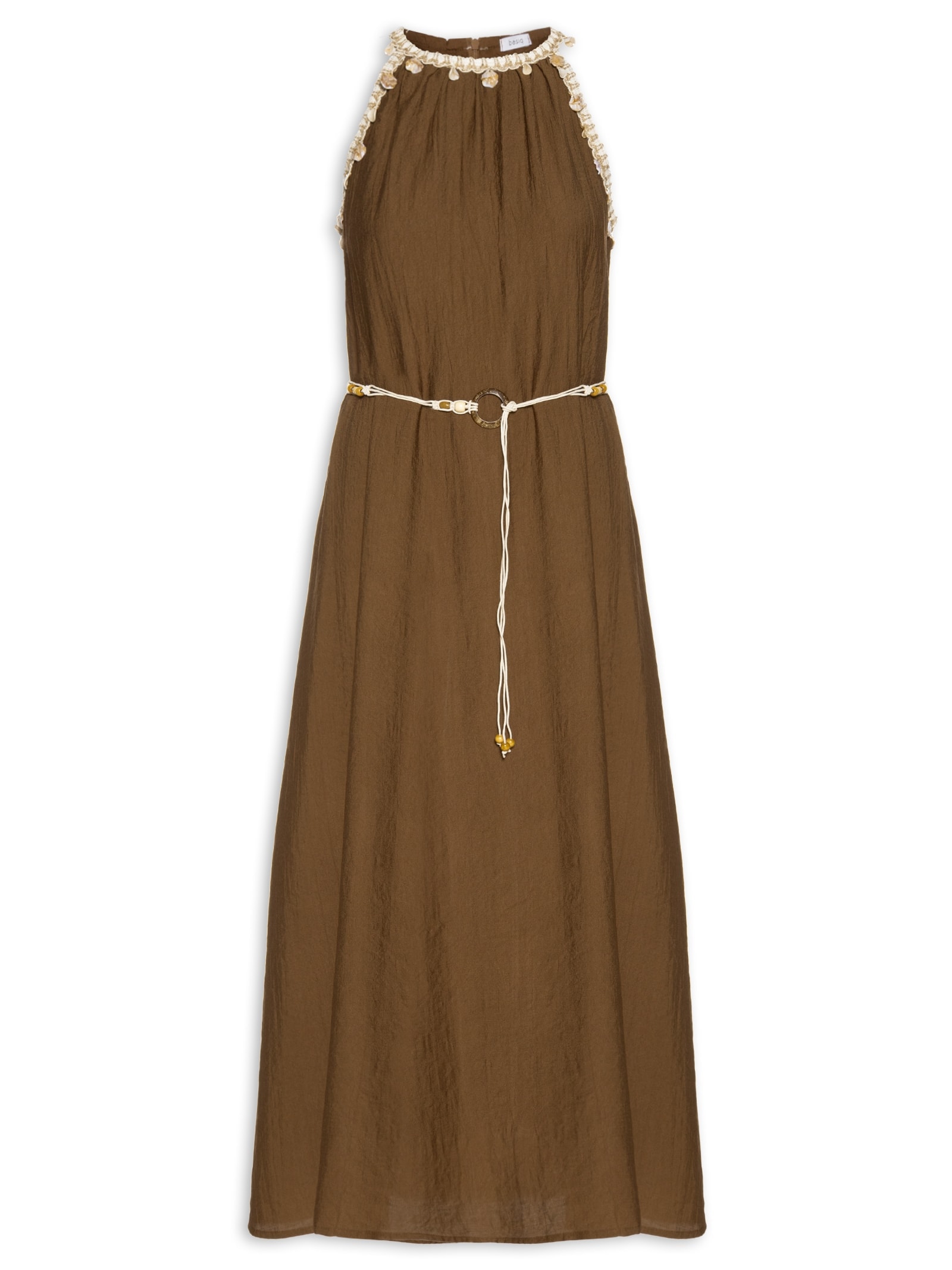 Vestido Longo Decote Reto Com Detalhe Marrom Basiq