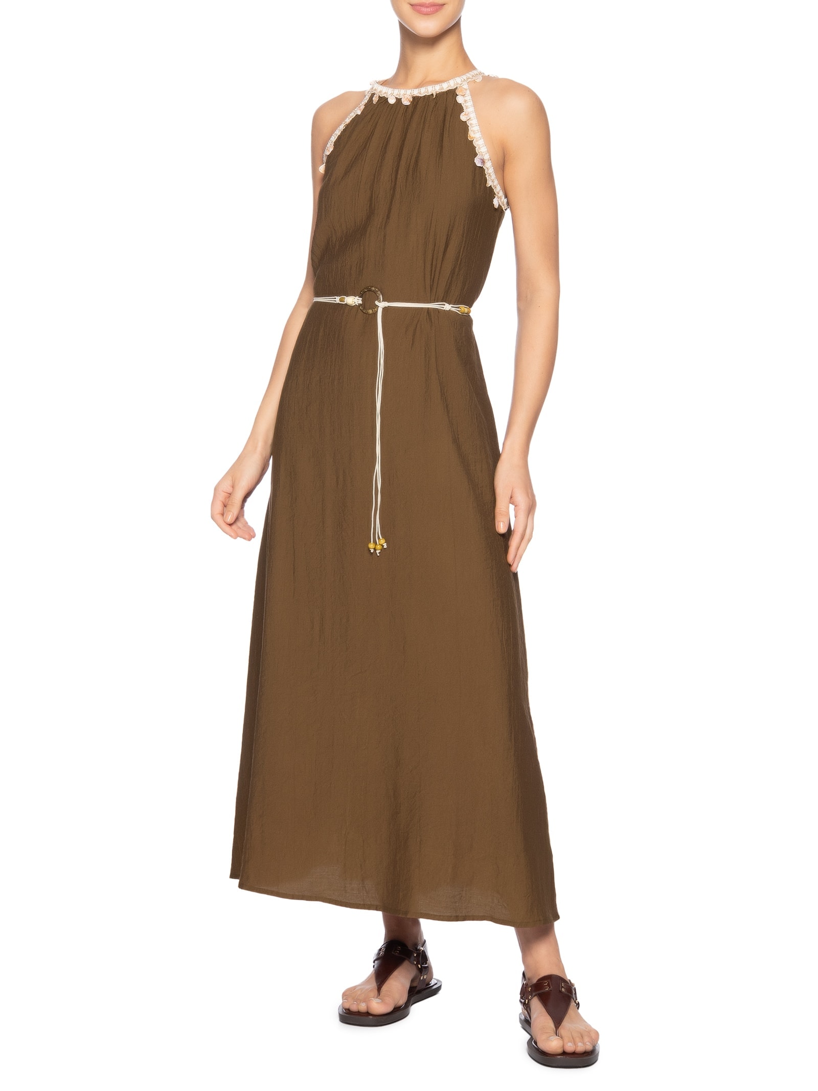 Vestido Longo Decote Reto Com Detalhe Marrom Basiq