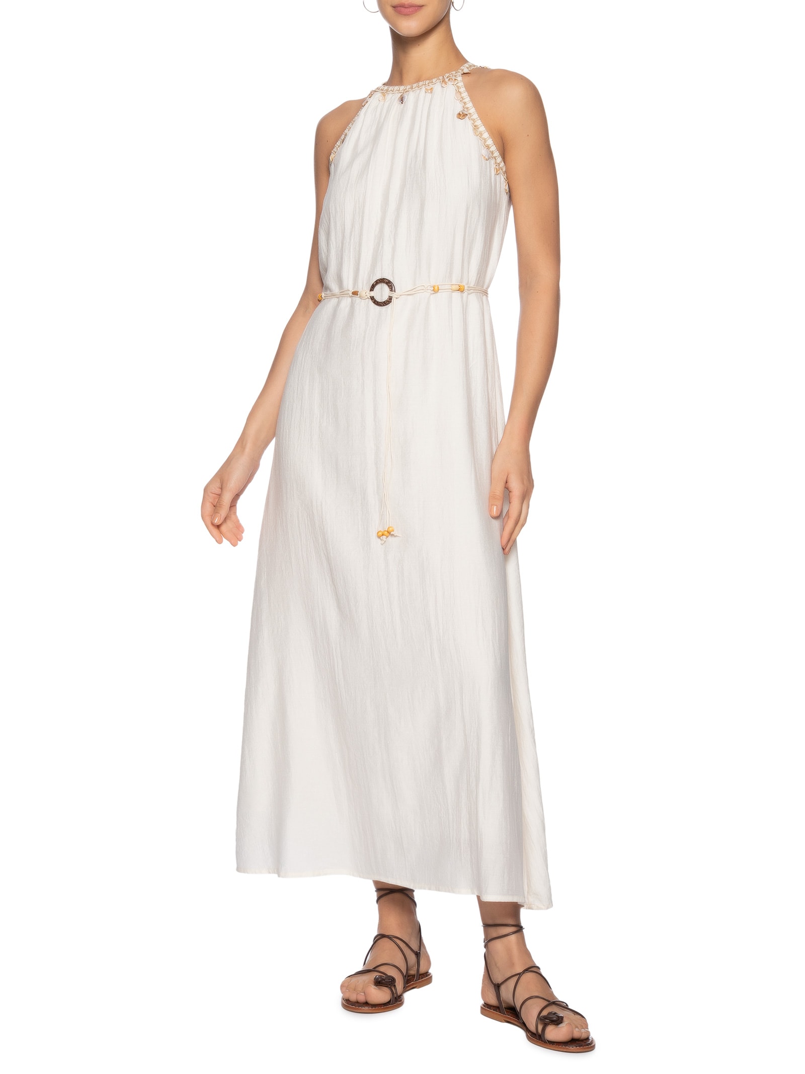 Vestido Longo Decote Reto Com Detalhe Off White Basiq