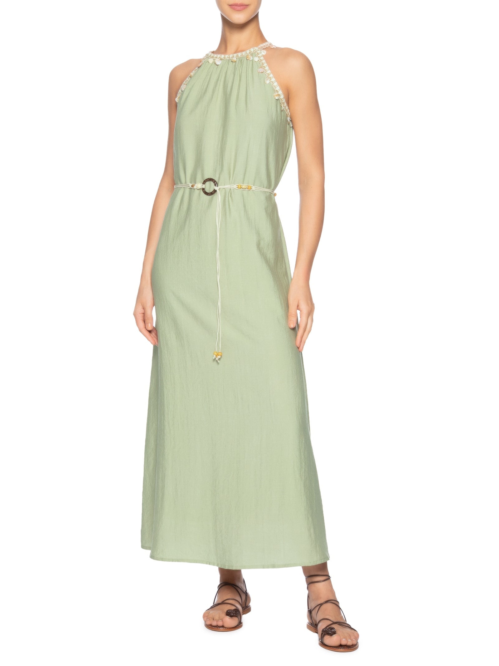 Vestido Longo Decote Reto Com Detalhe Verde Basiq