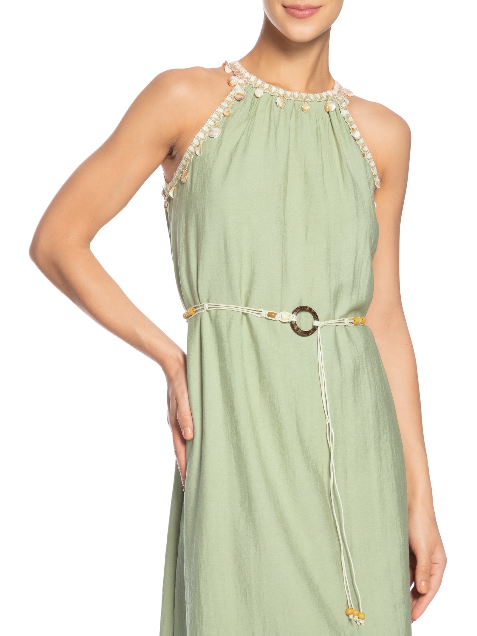 Vestido Longo Decote Reto Com Detalhe Verde Basiq