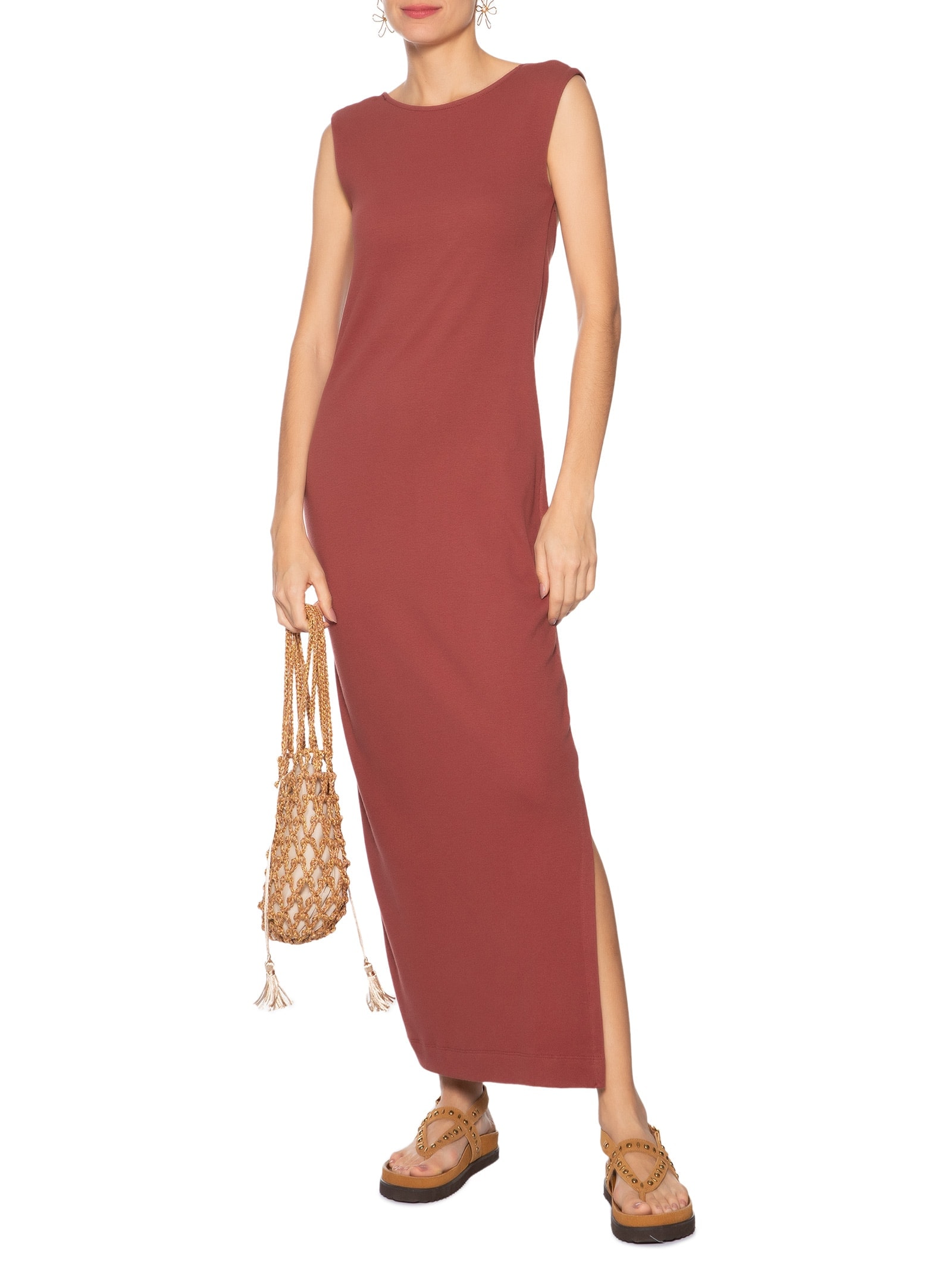 Vestido Longo Decote Rib Marrom Farm