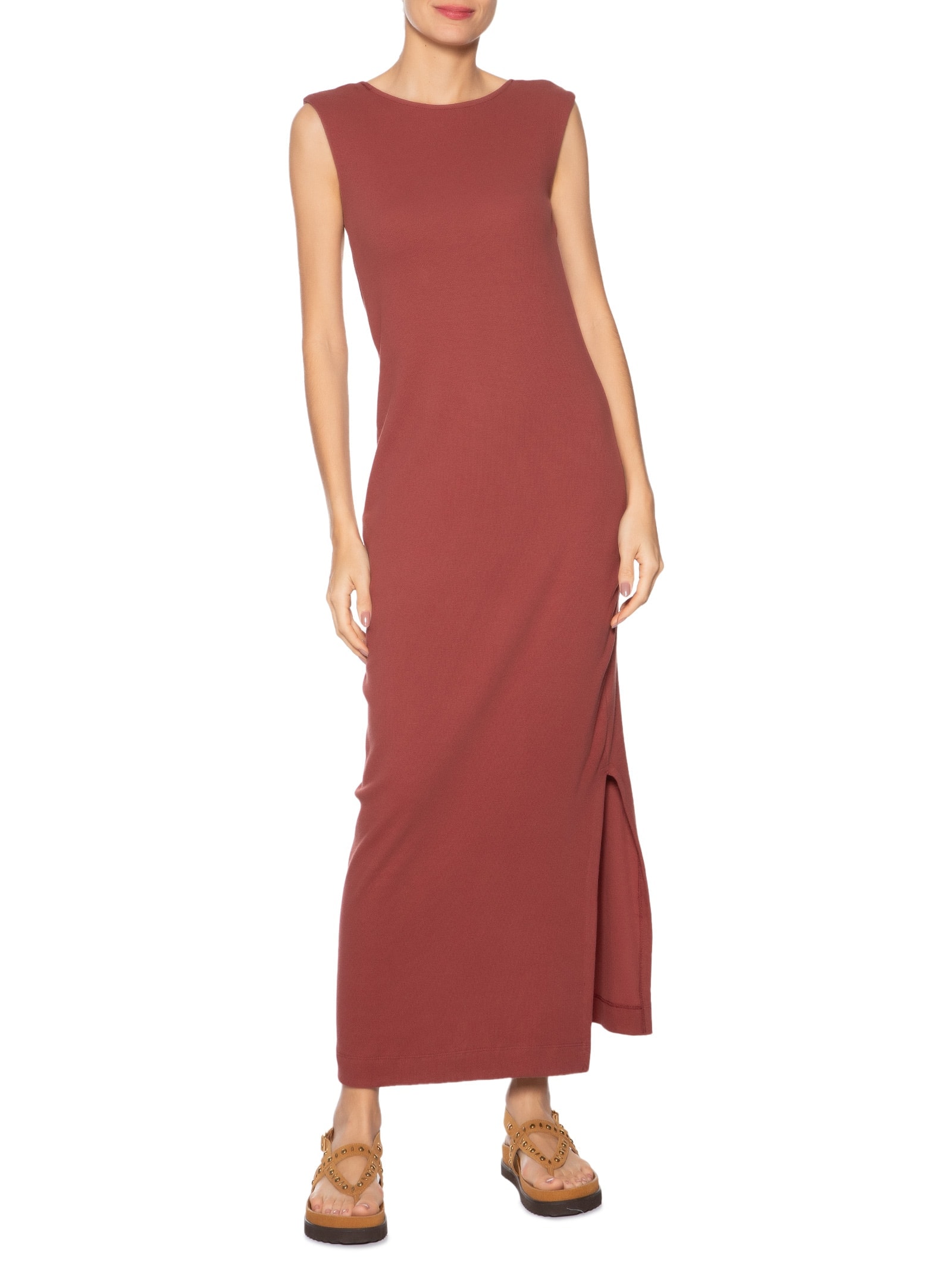 Vestido Longo Decote Rib Marrom Farm