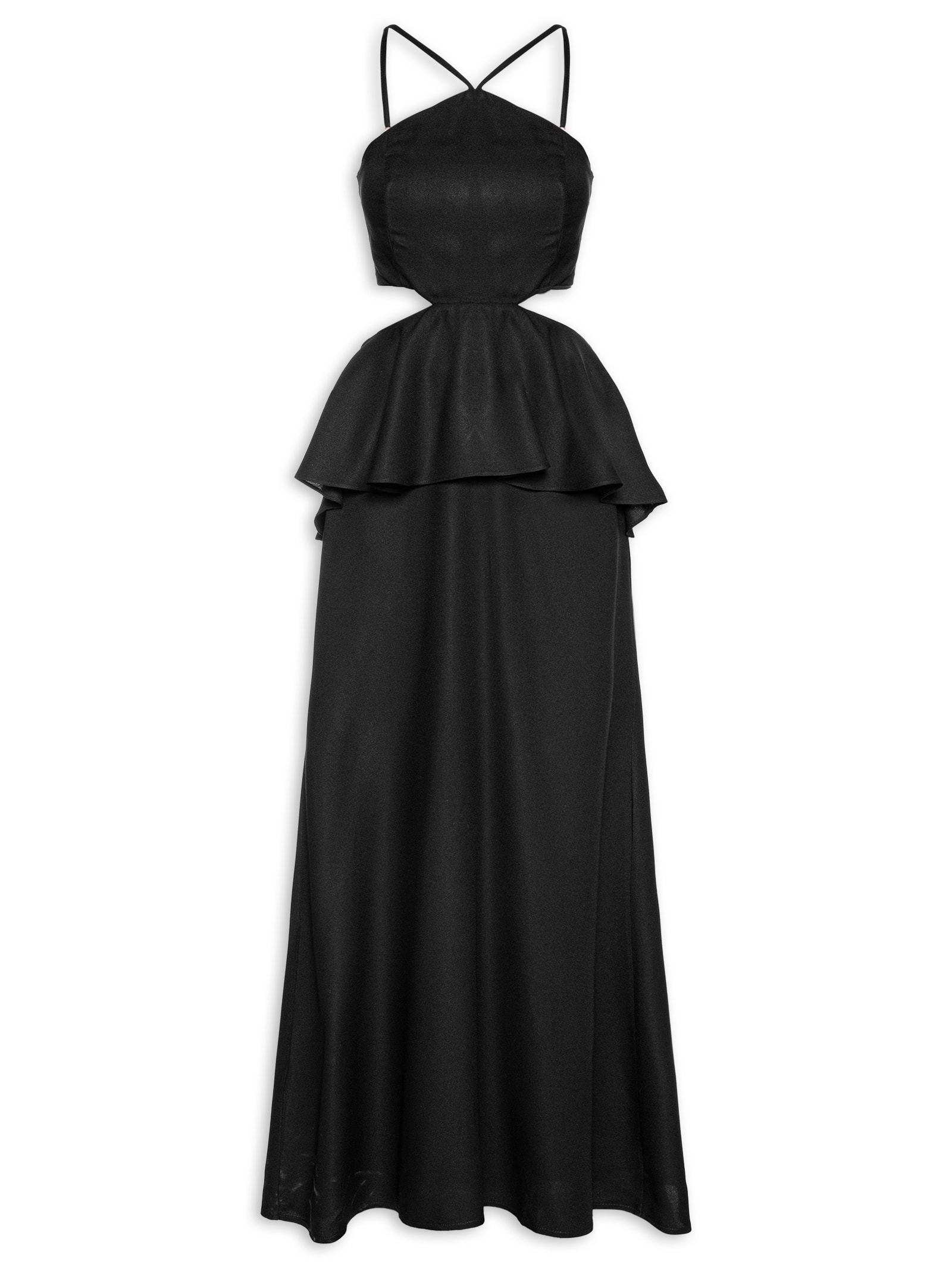 Vestido Longo Detalhe De Babado Preto Cacay