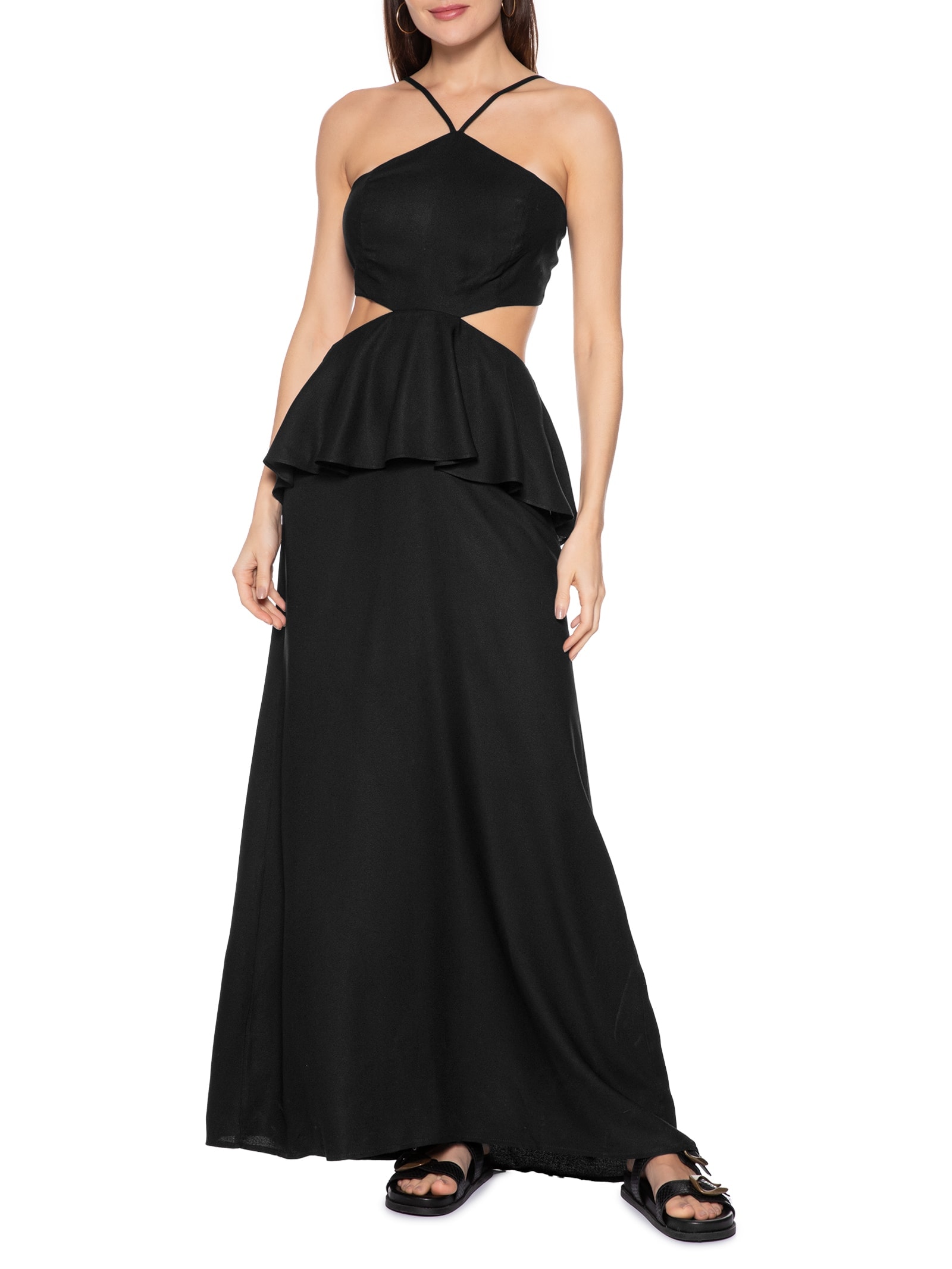Vestido Longo Detalhe De Babado Preto Cacay