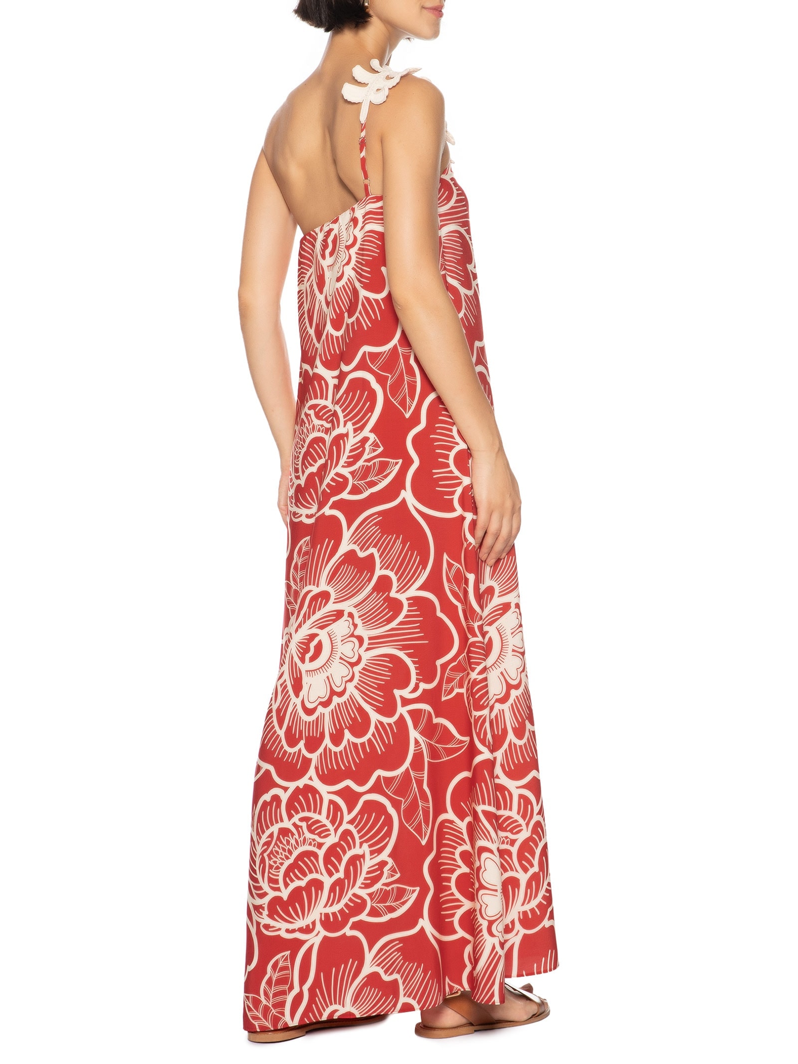 Vestido Longo Detalhe Guippier Folha Vermelho Cacay