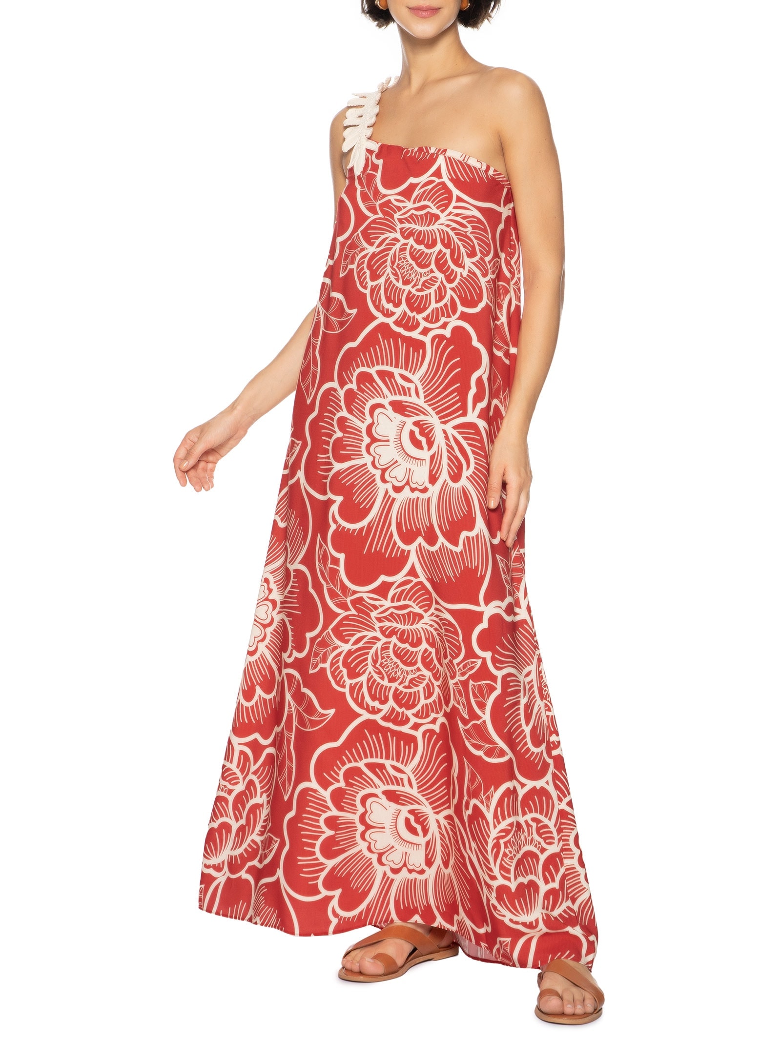 Vestido Longo Detalhe Guippier Folha Vermelho Cacay