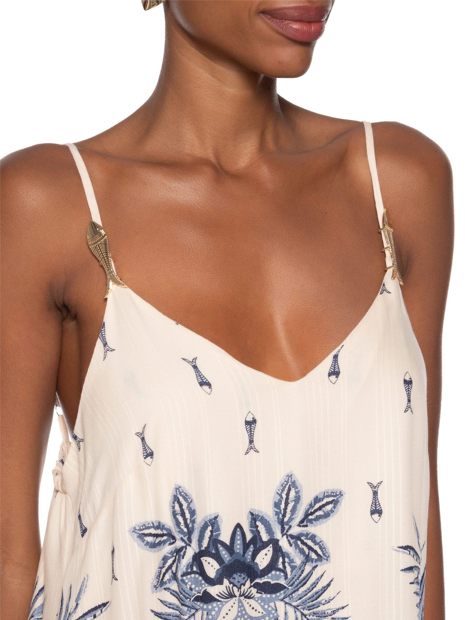 Vestido Longo Detalhe Peixes Alças Azul Cacay