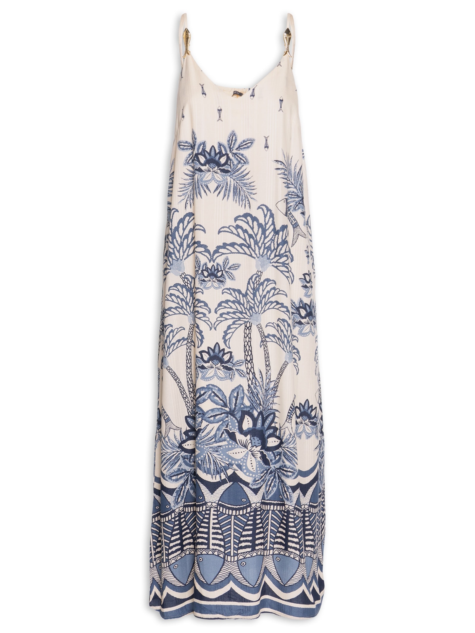 Vestido Longo Detalhe Peixes Alças Azul Cacay