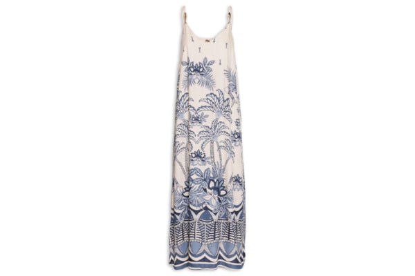 Vestido Longo Detalhe Peixes Alças - Azul