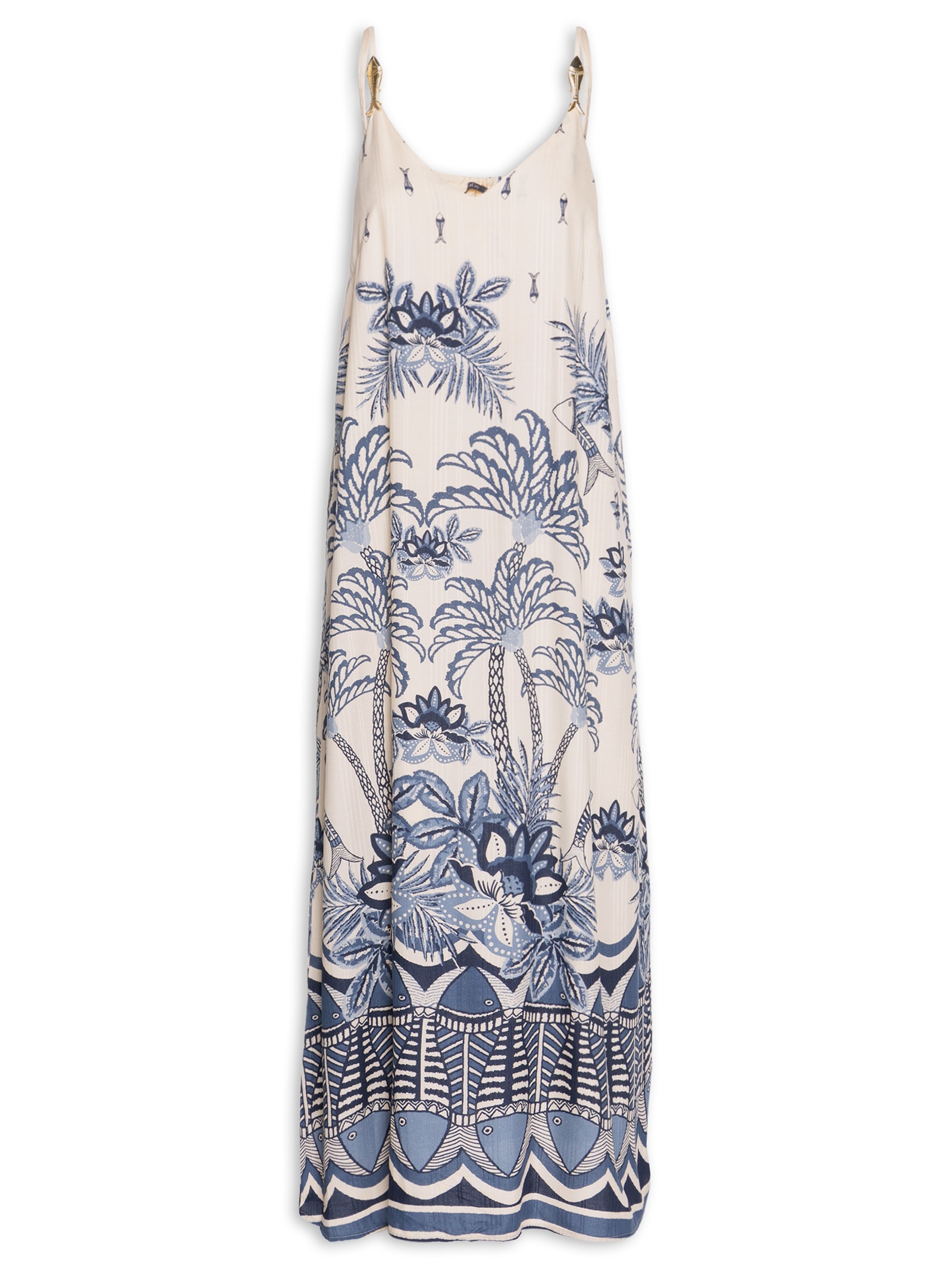Vestido Longo Detalhe Peixes Alças Azul Cacay