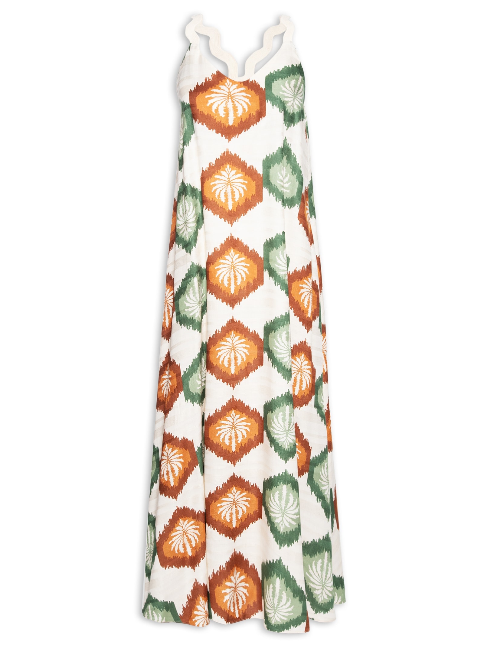 Vestido Longo Detalhe Sianinha Estampado Bege Cacay