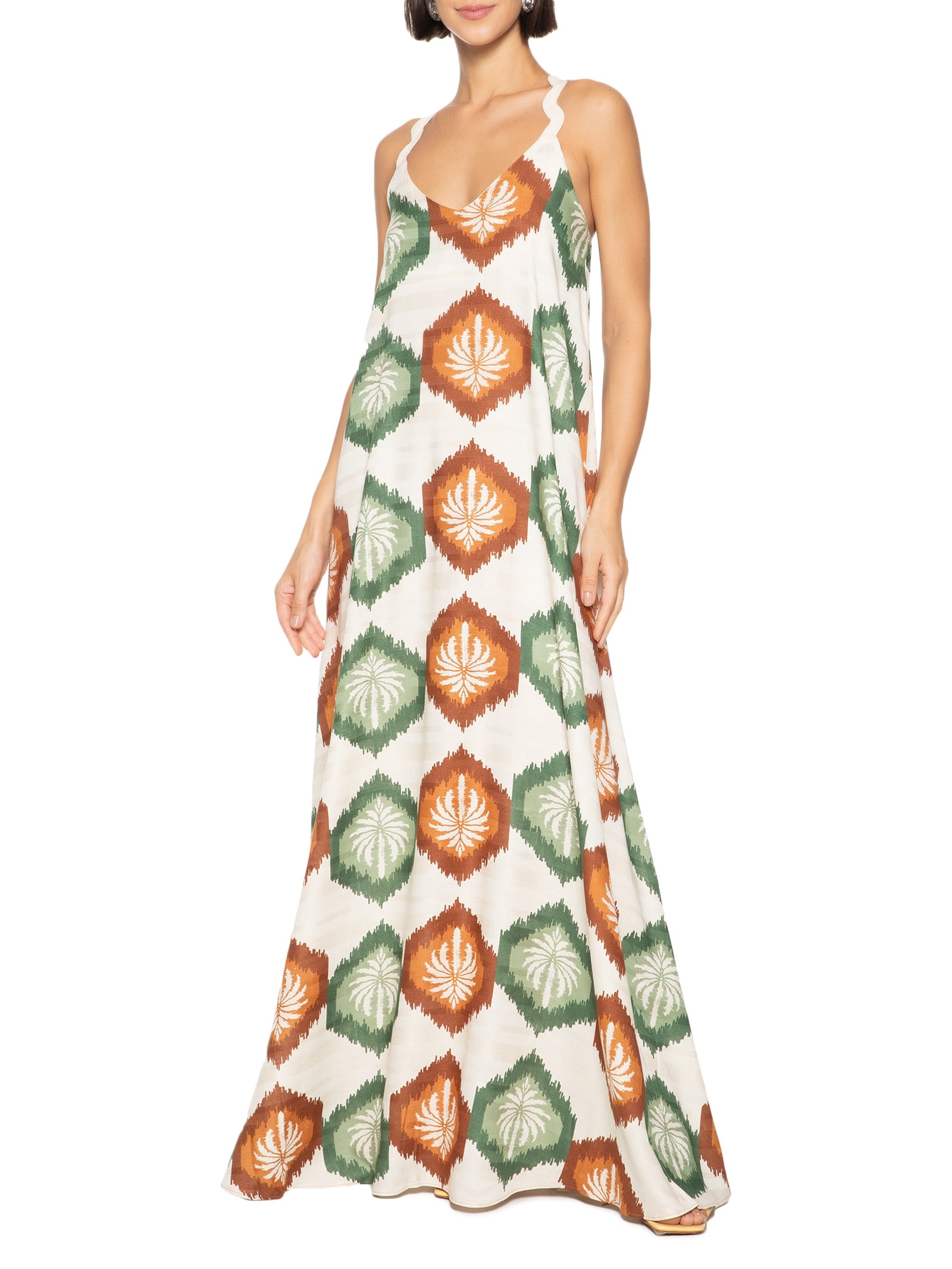 Vestido Longo Detalhe Sianinha Estampado Bege Cacay