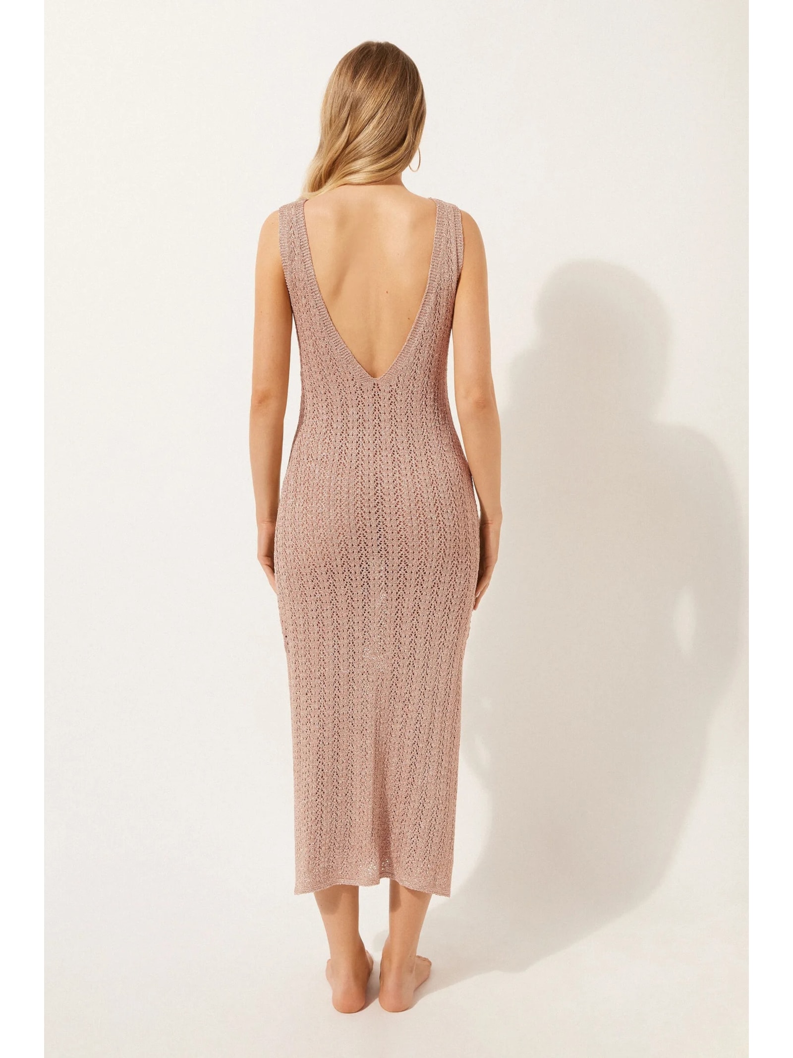 Vestido Longo Em Crochê Lamê Bege Calzedonia