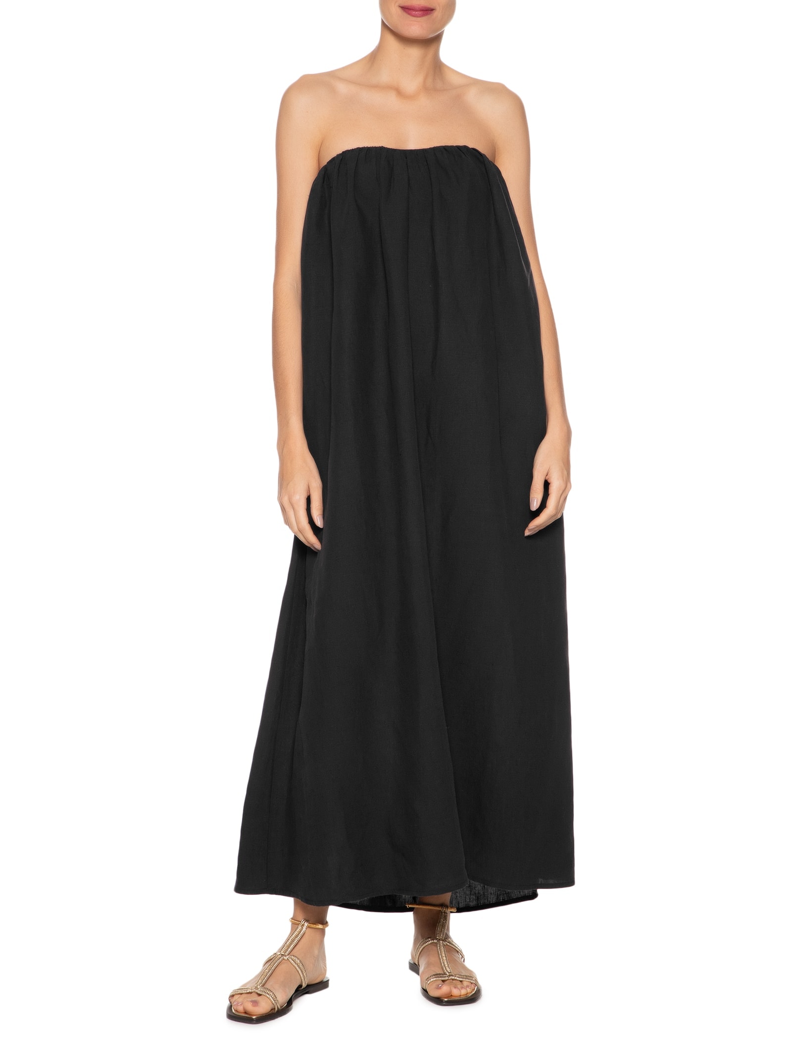 Vestido Longo Em Linho Puro Preto '2Essential