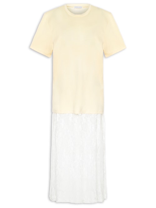 Vestido Longo Em Renda Com Camiseta Sobreposta – Bege