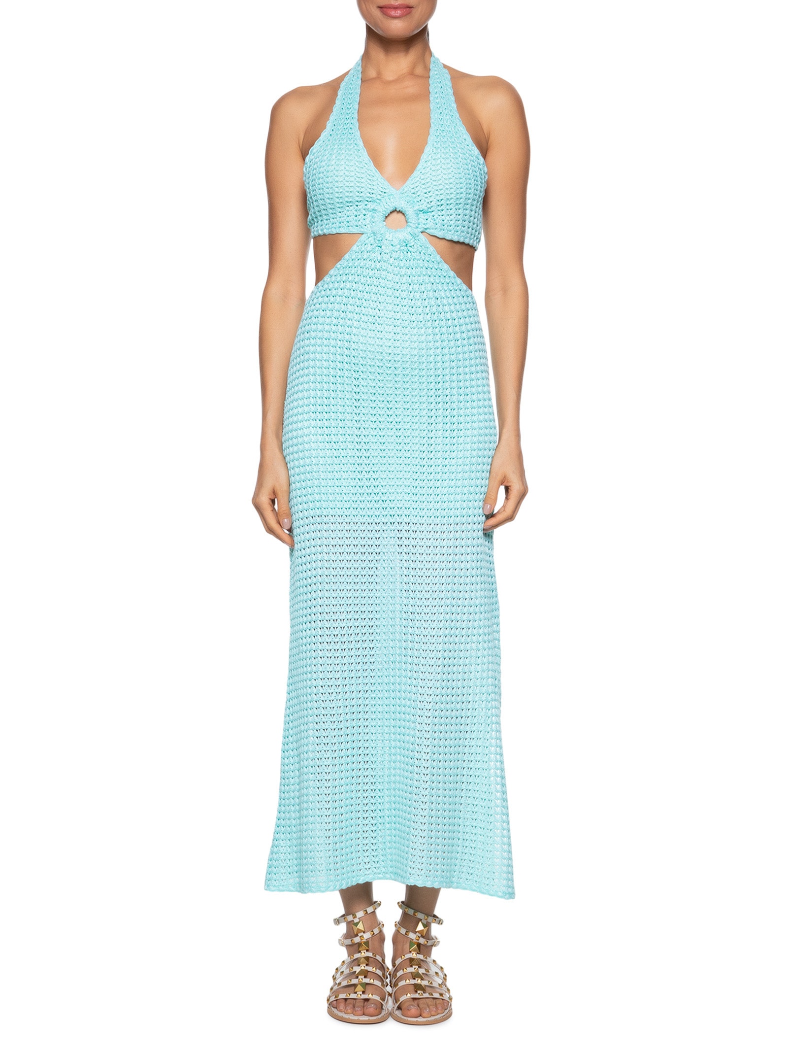 Vestido Longo Em Tricot Com Aberturas Laterais E Argola Na Frente Verde Market 33