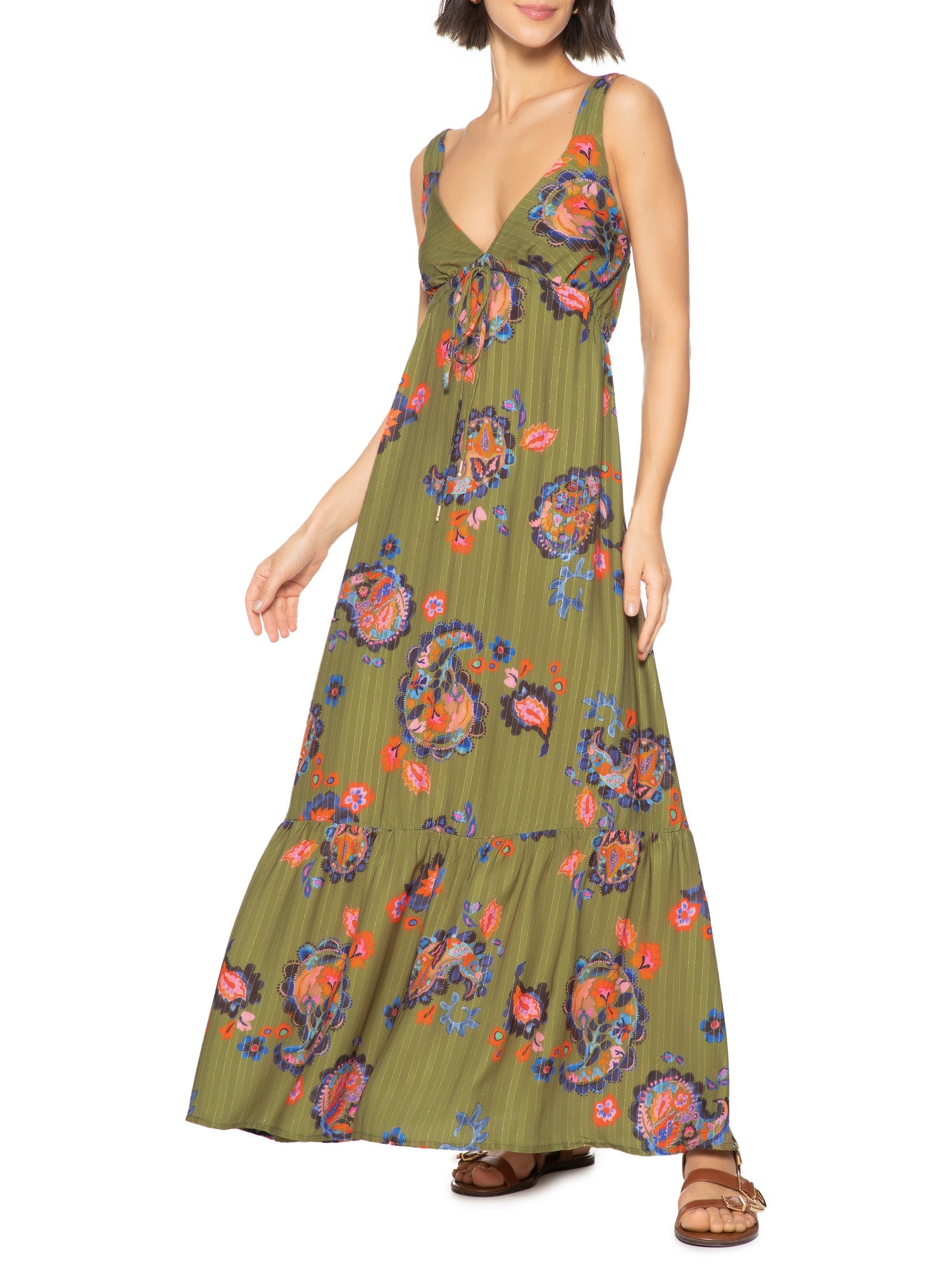 Vestido Longo Estampa Paisley Acqua Verde Cantão