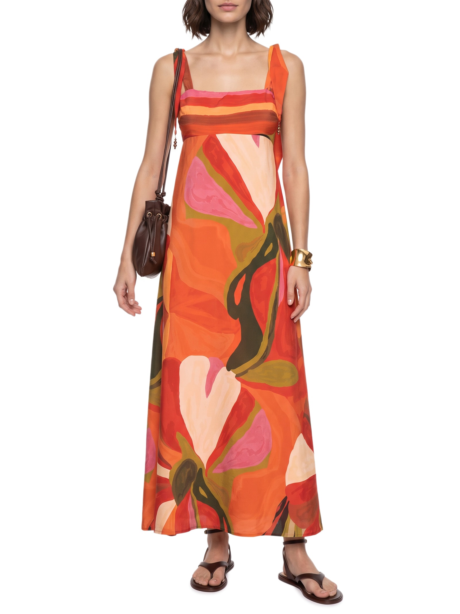 Vestido Longo Estampado Alça Amarração  – Laranja Cacay