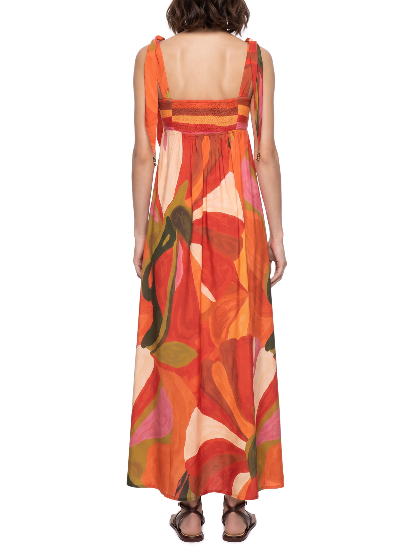 Vestido Longo Estampado Alça Amarração  – Laranja Cacay