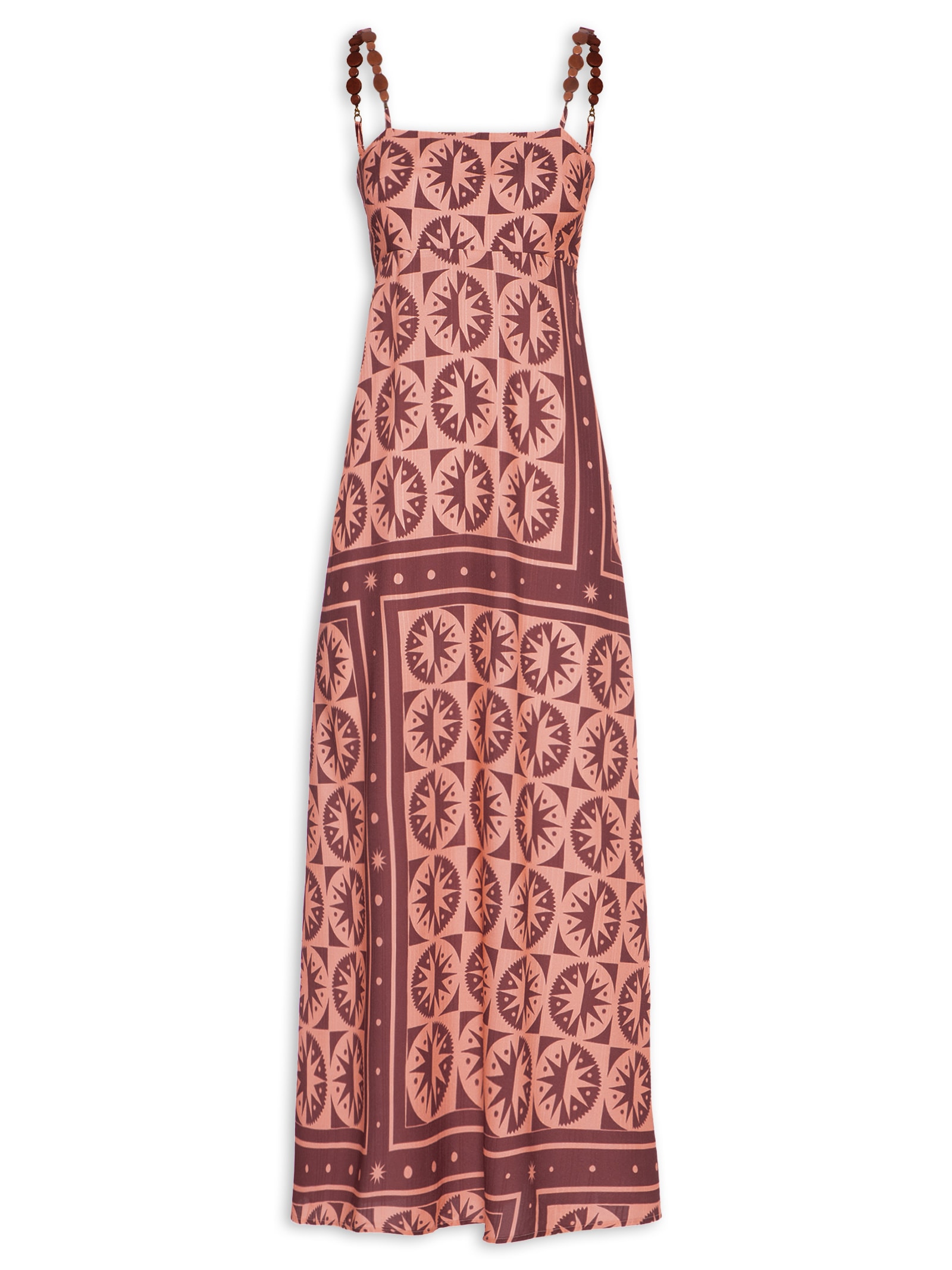 Vestido Longo Estampado Alça Madeira Marrom Cacay