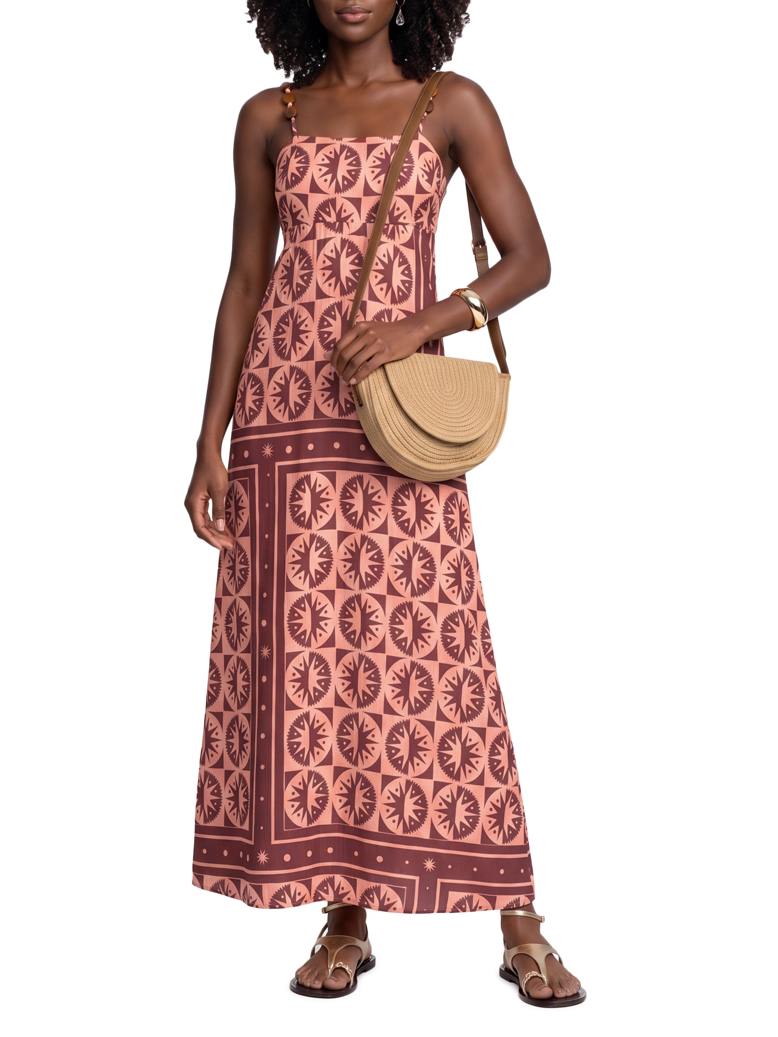 Vestido Longo Estampado Alça Madeira Marrom Cacay