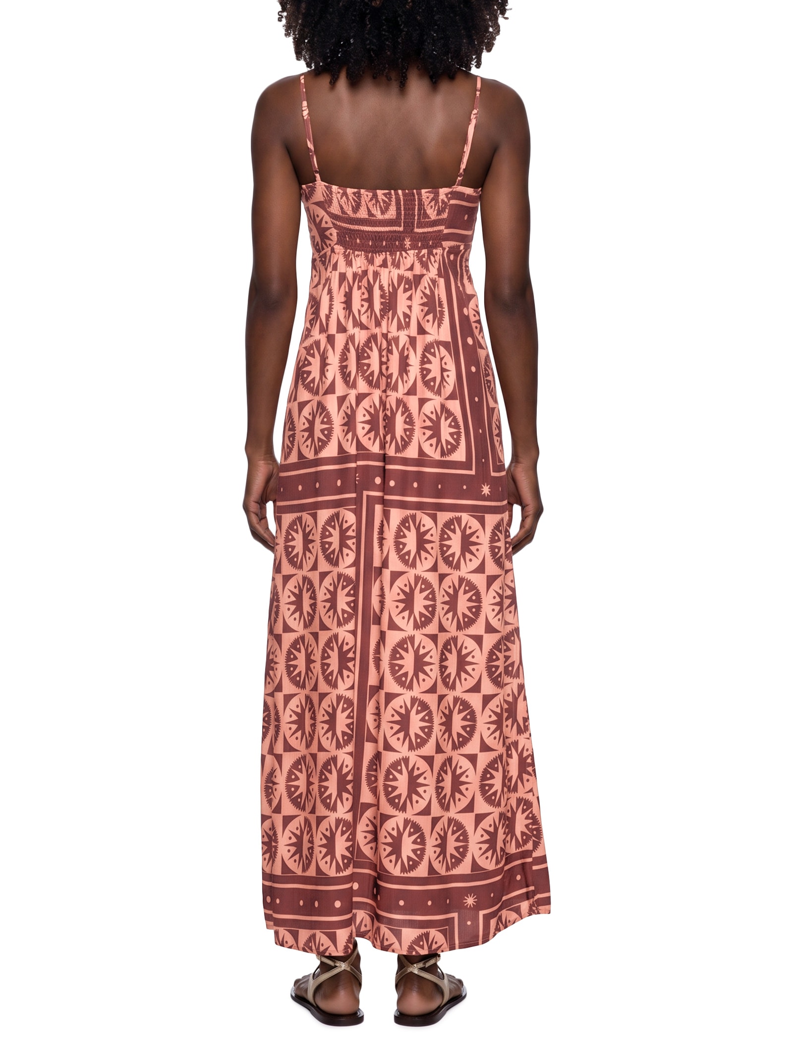 Vestido Longo Estampado Alça Madeira Marrom Cacay