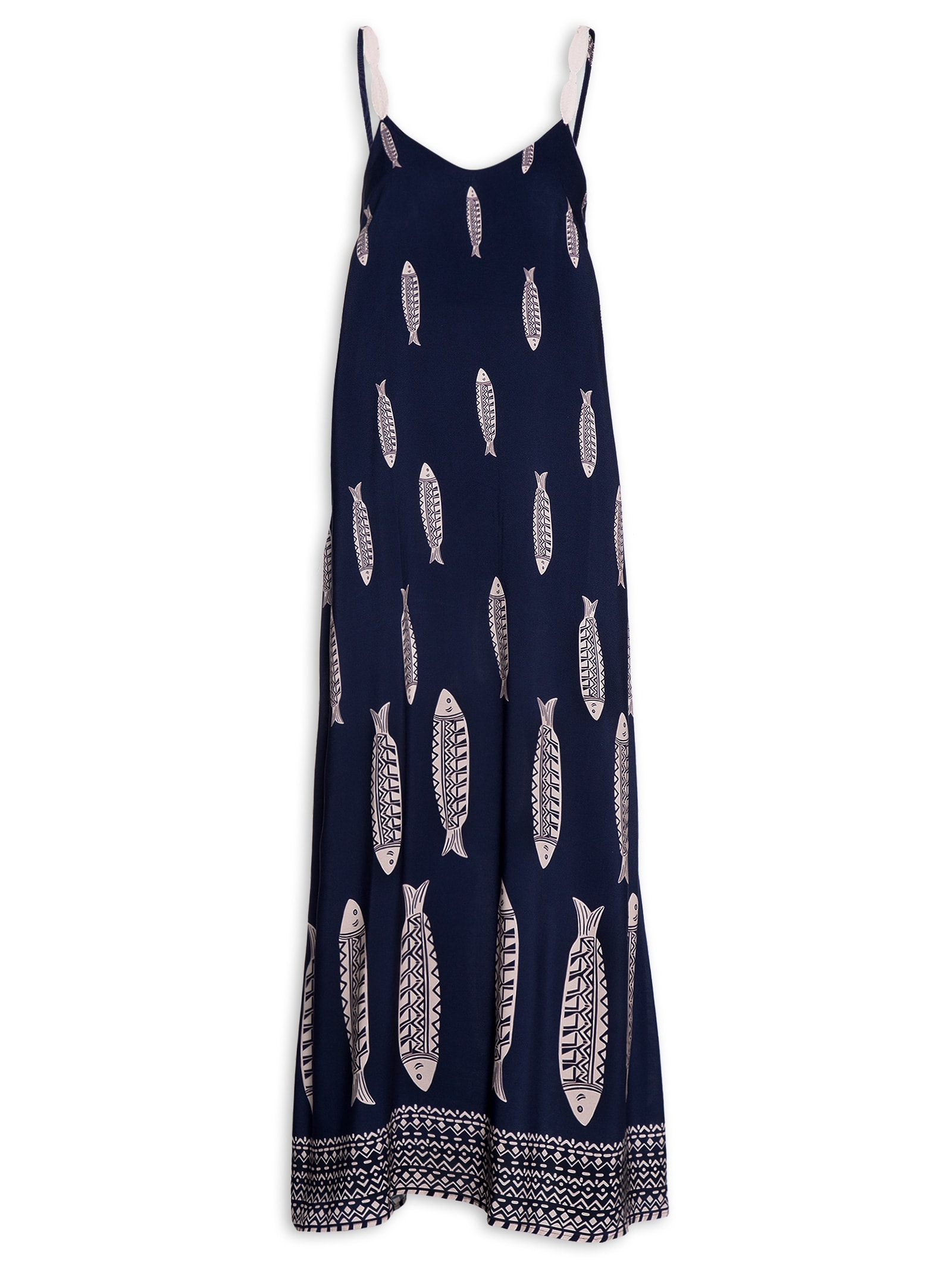 Vestido Longo Estampado Alça Peixe Azul Cacay