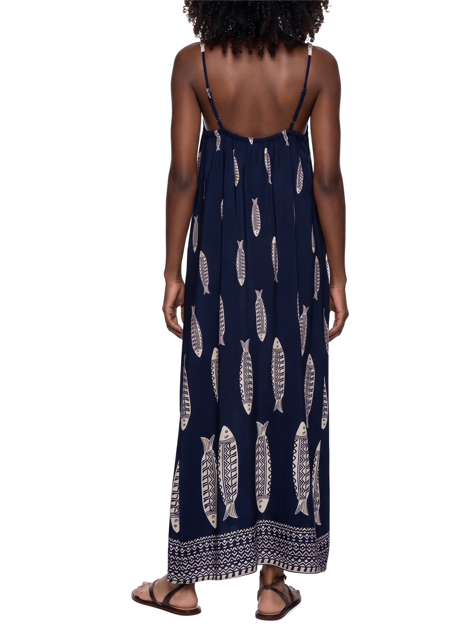 Vestido Longo Estampado Alça Peixe Azul Cacay