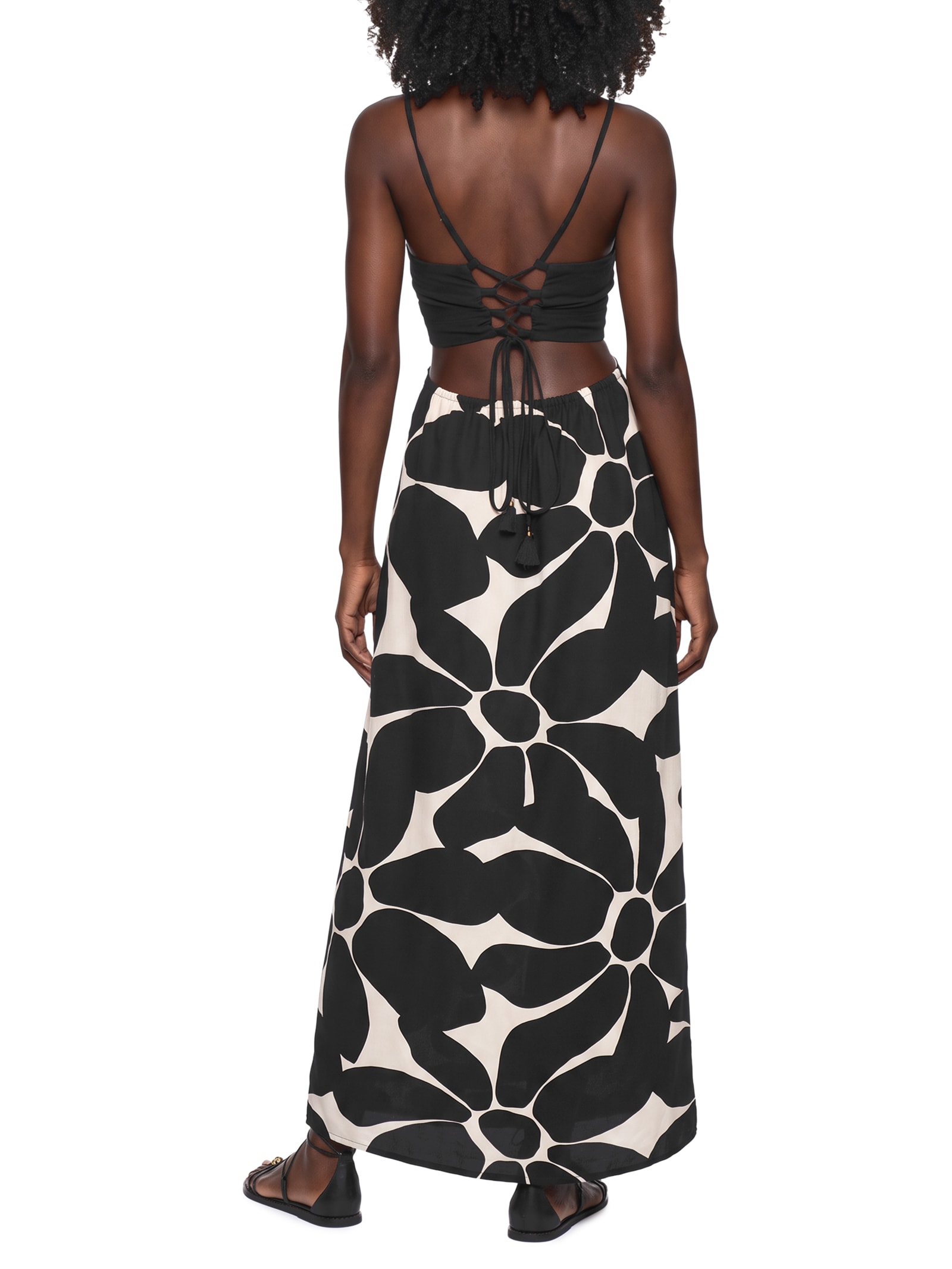 Vestido Longo Estampado Amarração Costas Preto Cacay