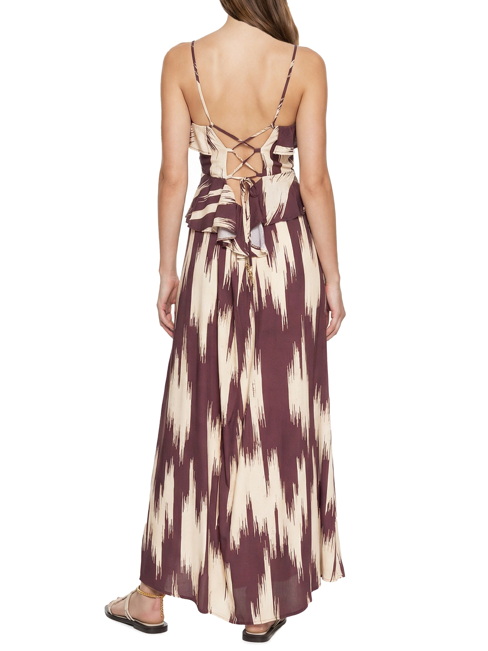 Vestido Longo Estampado Babado Decote Marrom Cacay