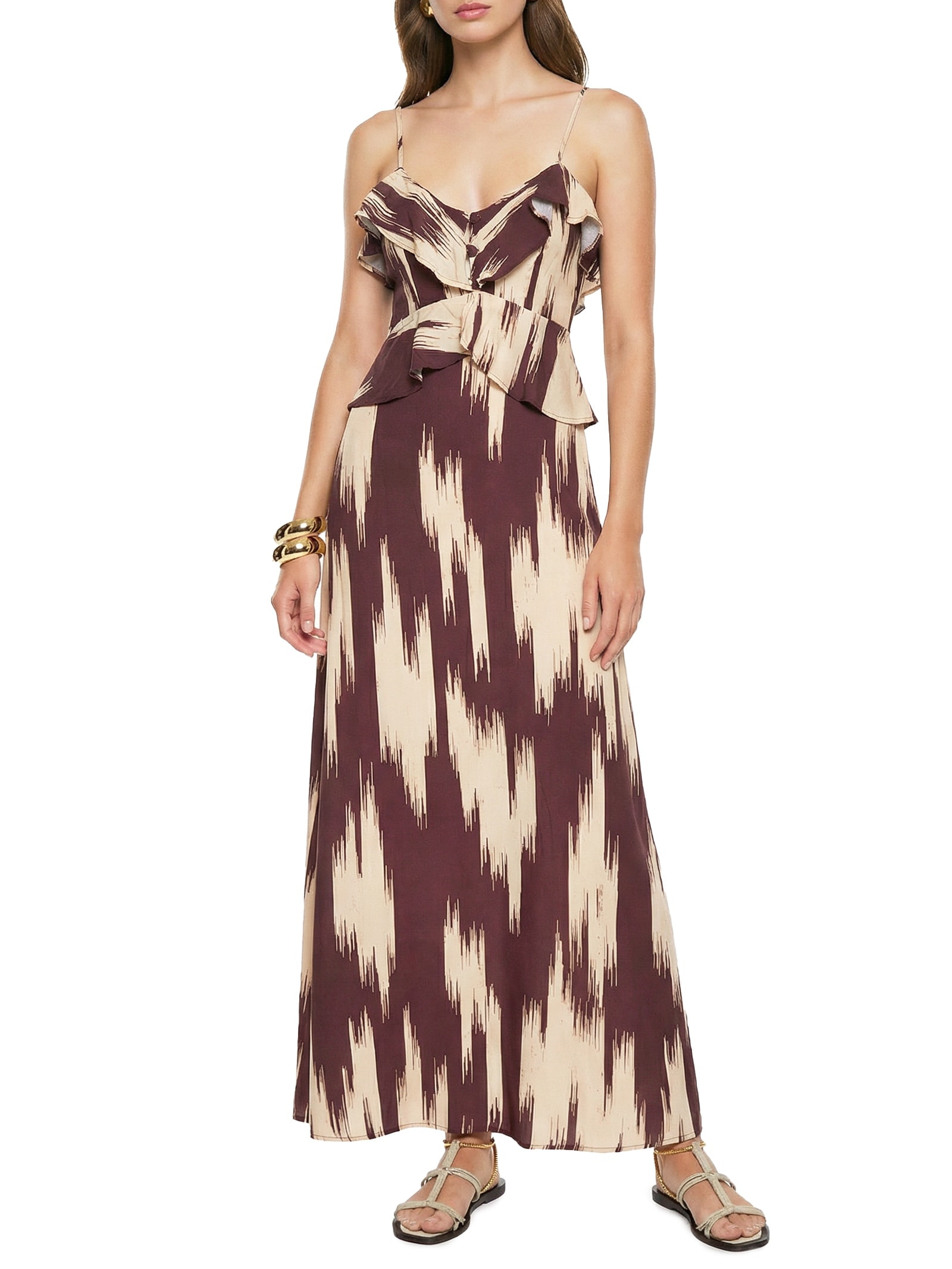 Vestido Longo Estampado Babado Decote Marrom Cacay
