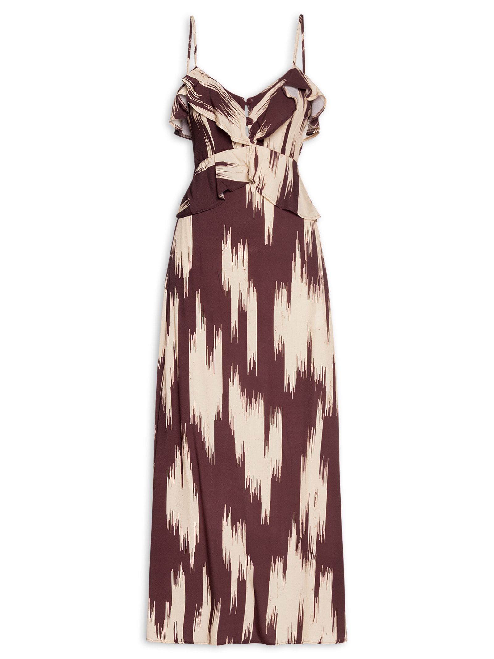 Vestido Longo Estampado Babado Decote Marrom Cacay