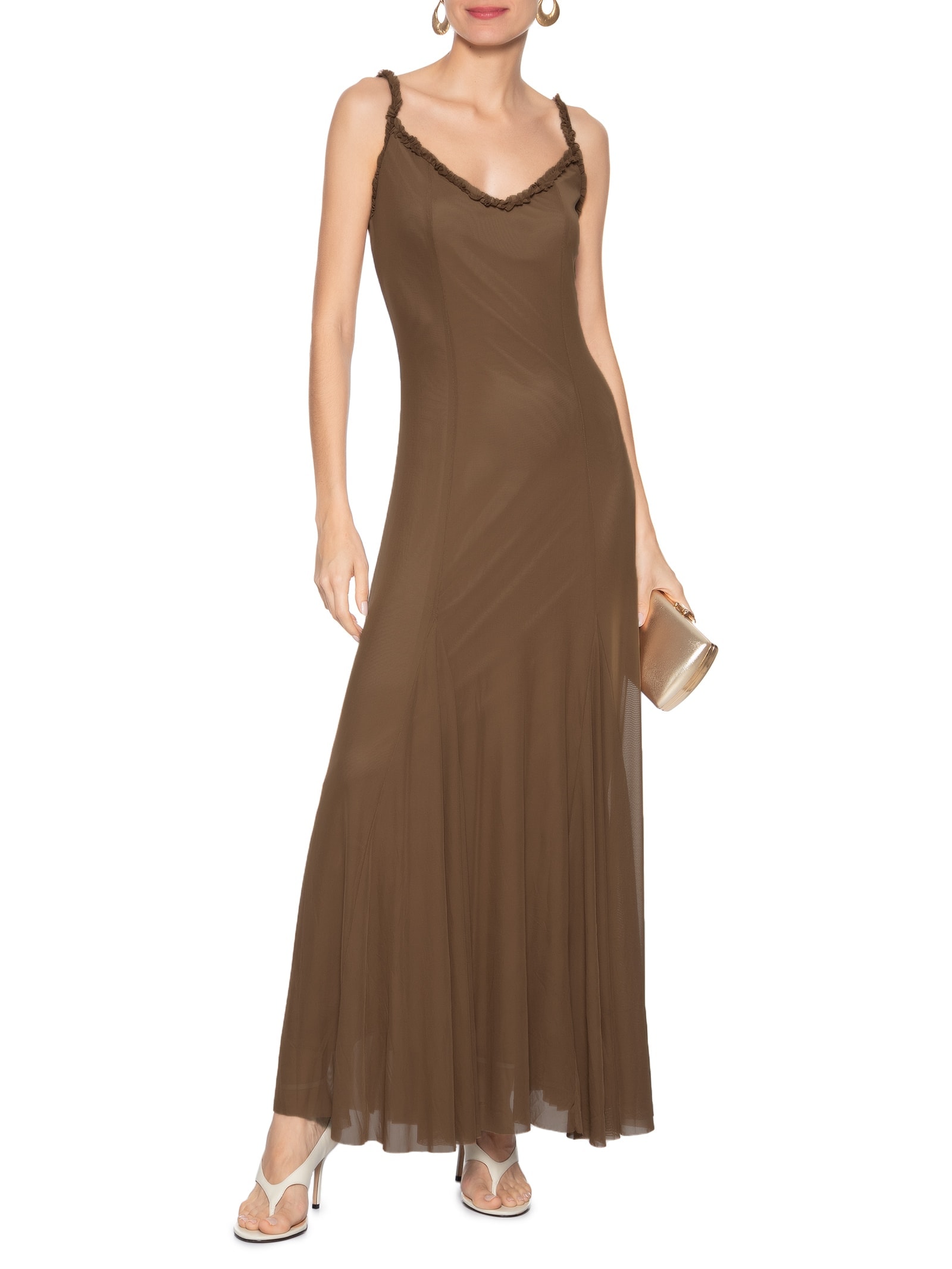 Vestido Longo Feminino Em Tule Marrom Market 33