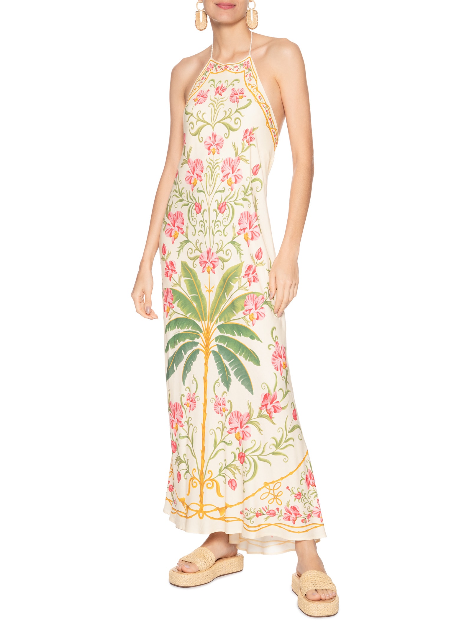 Vestido Longo Floral Nusa Bege Farm