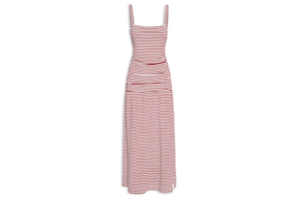 Vestido Longo Franzido Listras Navy - Vermelho