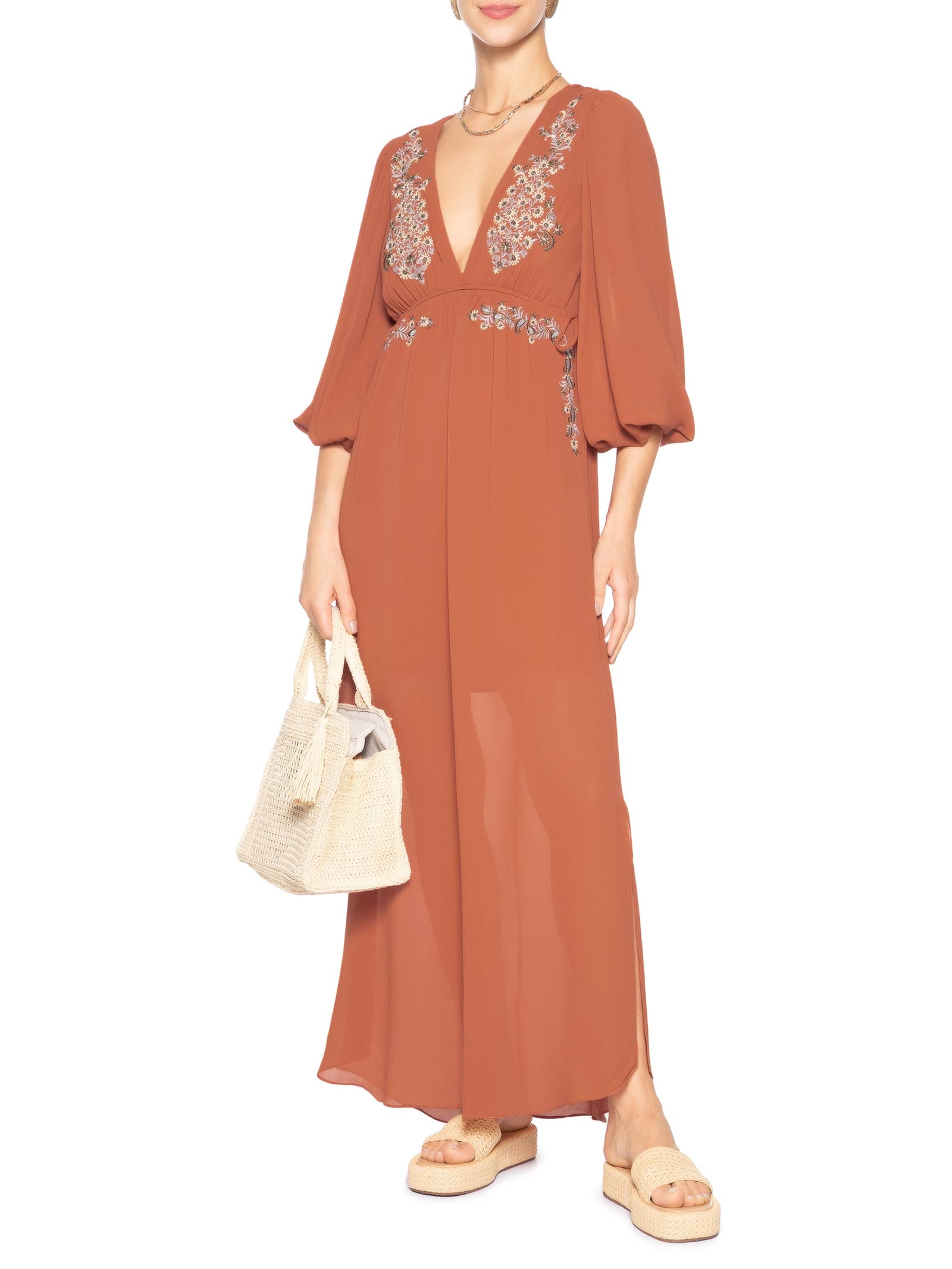 Vestido Longo Ggt Bordado Papiro Vermelho Maria Filó