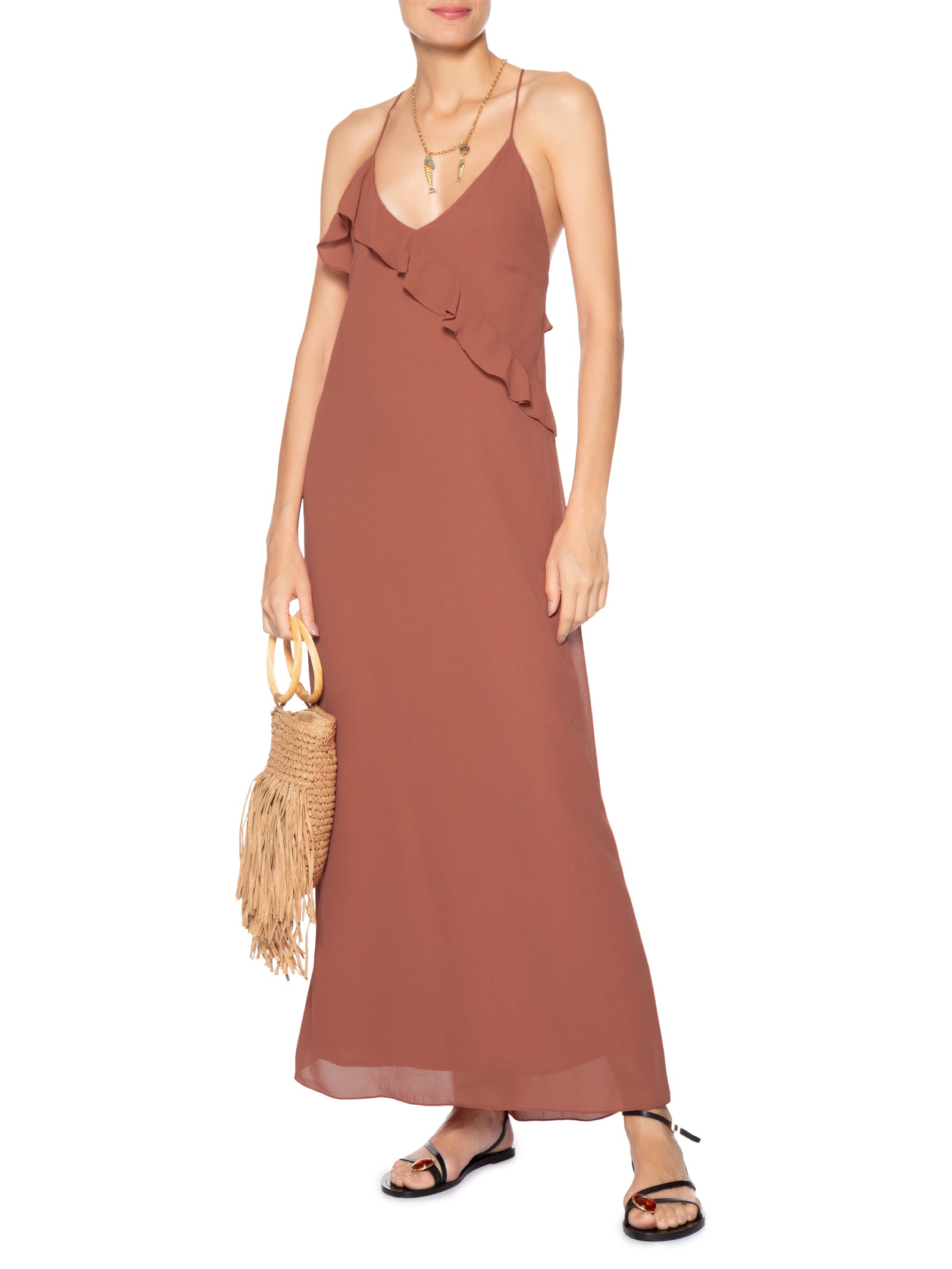 Vestido Longo GGT Decote Babado Marrom Dress To