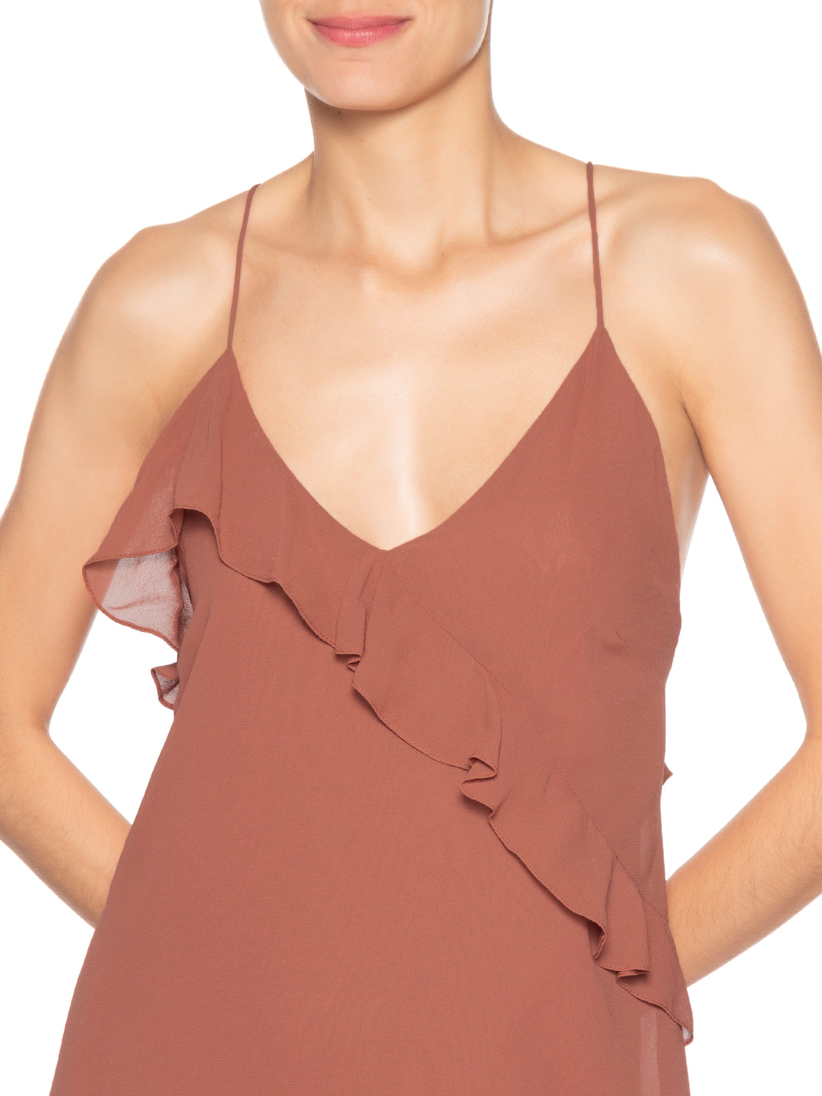 Vestido Longo GGT Decote Babado Marrom Dress To