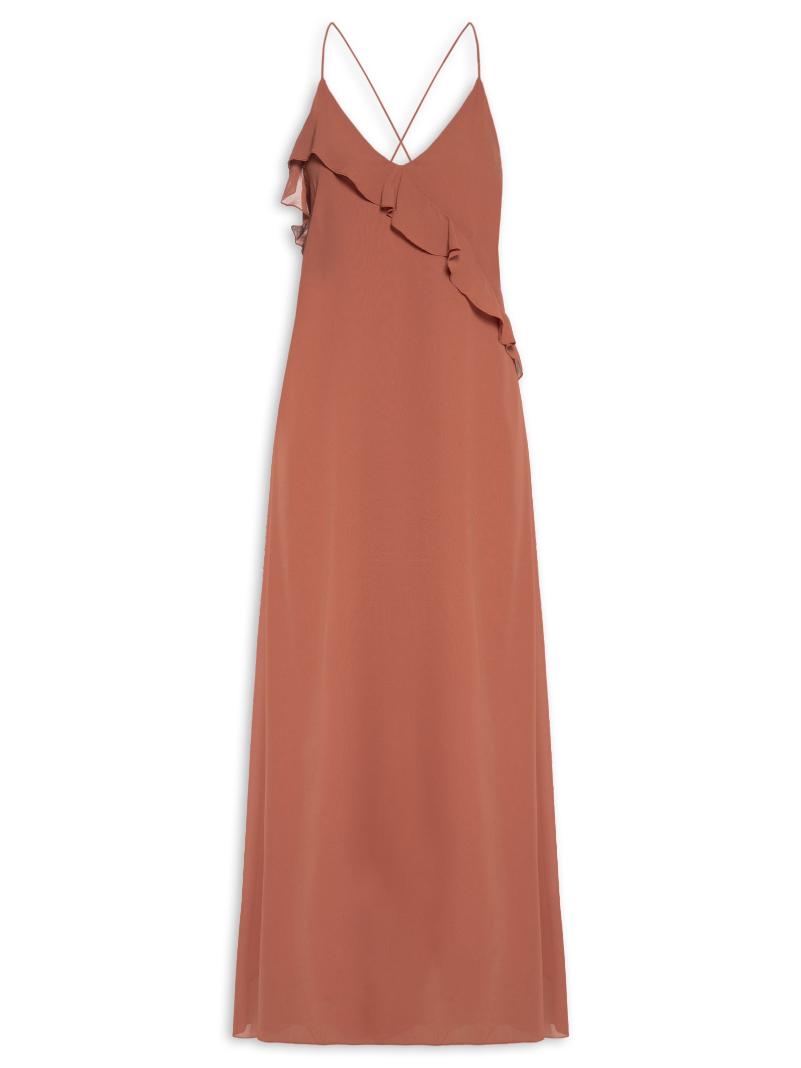 Vestido Longo GGT Decote Babado Marrom Dress To