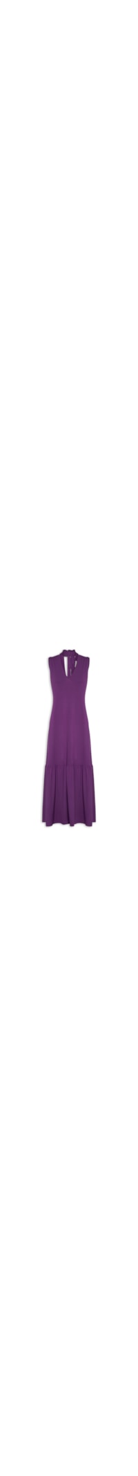 Vestido Longo Gola Alta Detalhe Franzido Liso - Roxo
